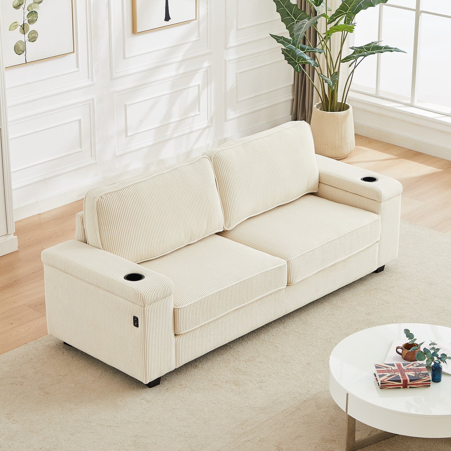 Deep Seat 86.5 Sofa with Storage, USB Charging, and Cup Holders - Comfortable Corduroy Couch