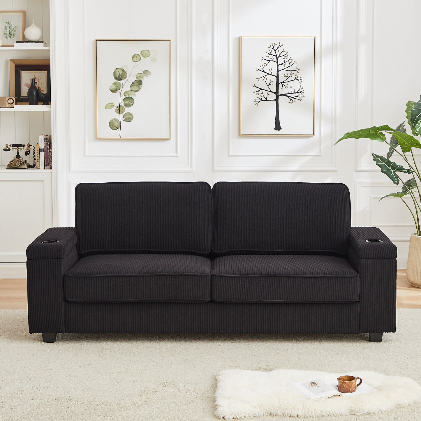 Deep Seat 86.5 Sofa with Storage, USB Charging, and Cup Holders - Comfortable Corduroy Couch