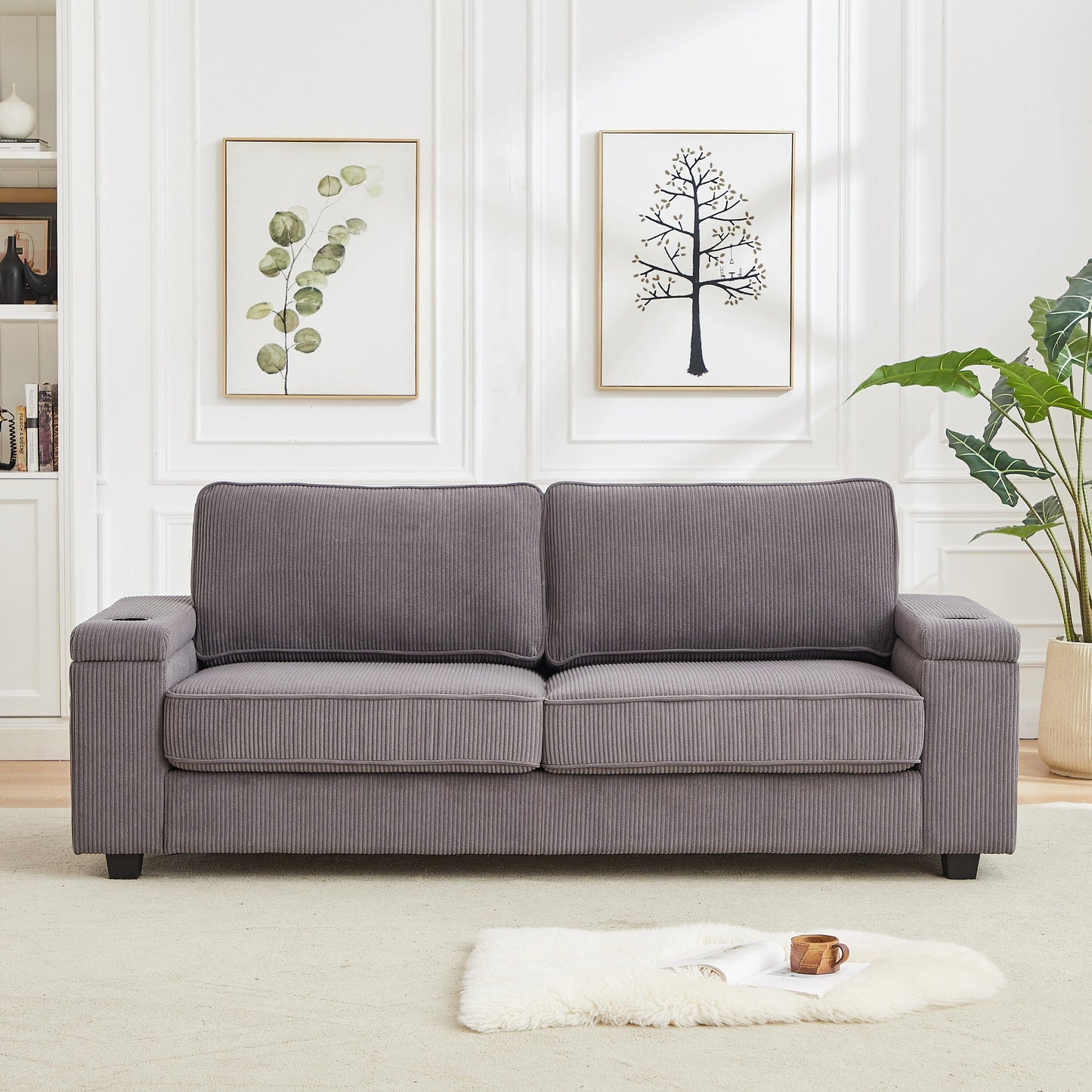 Deep Seat 86.5 Sofa with Storage, USB Charging, and Cup Holders - Comfortable Corduroy Couch