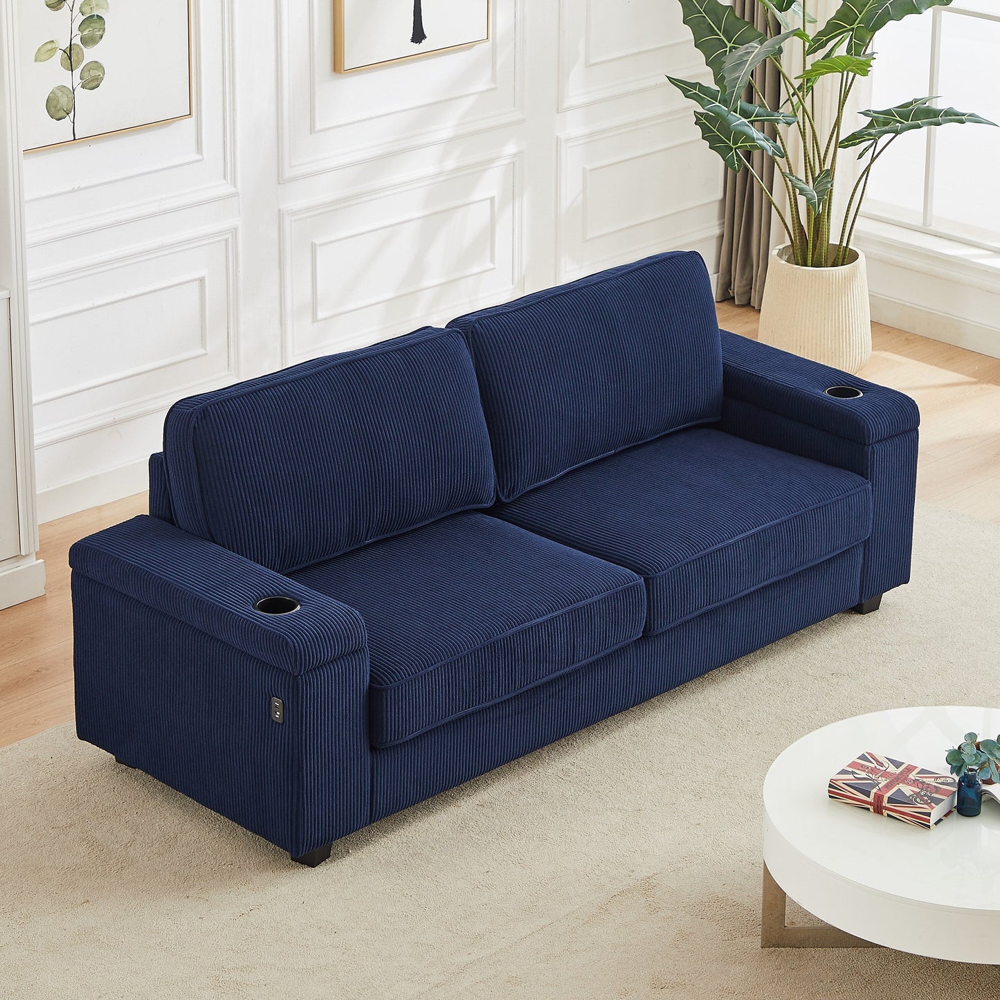 Deep Seat 86.5 Sofa with Storage, USB Charging, and Cup Holders - Comfortable Corduroy Couch