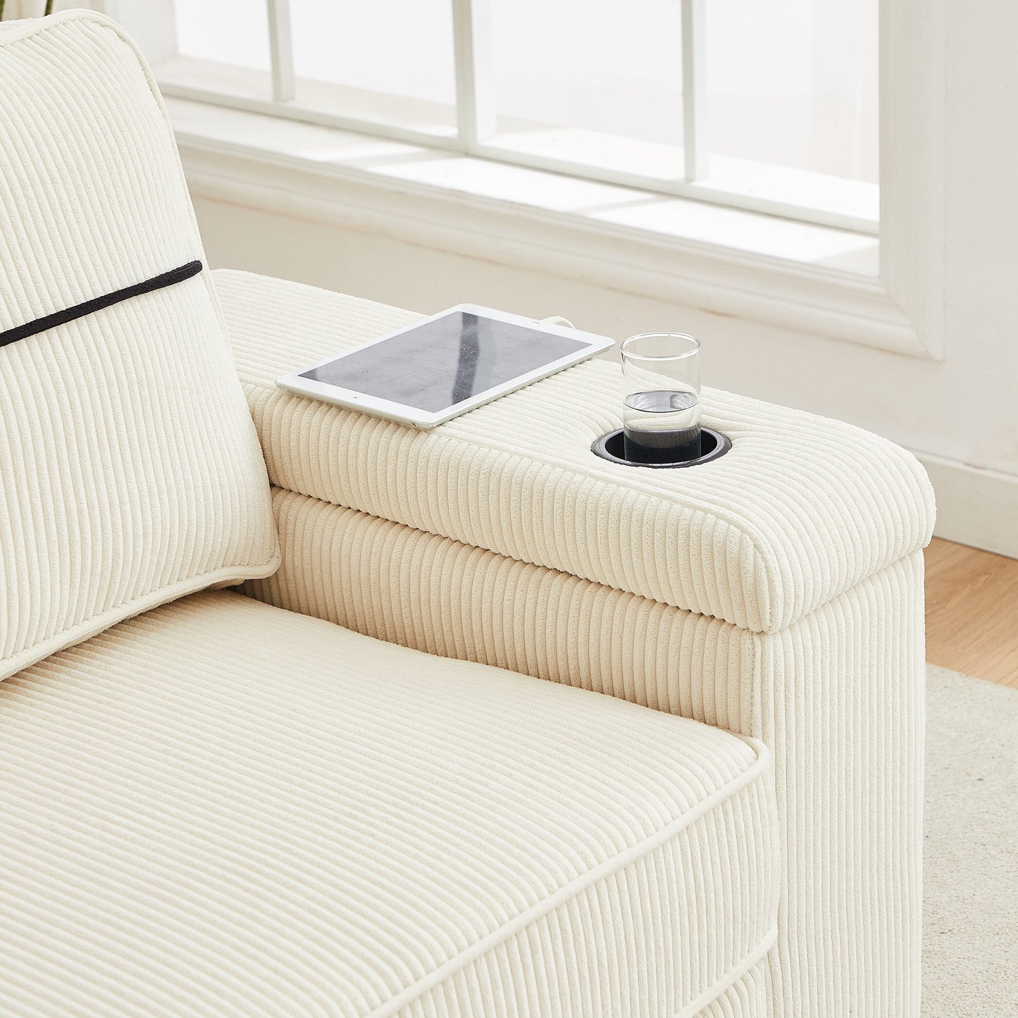 Deep Seat 86.5 Sofa with Storage, USB Charging, and Cup Holders - Comfortable Corduroy Couch
