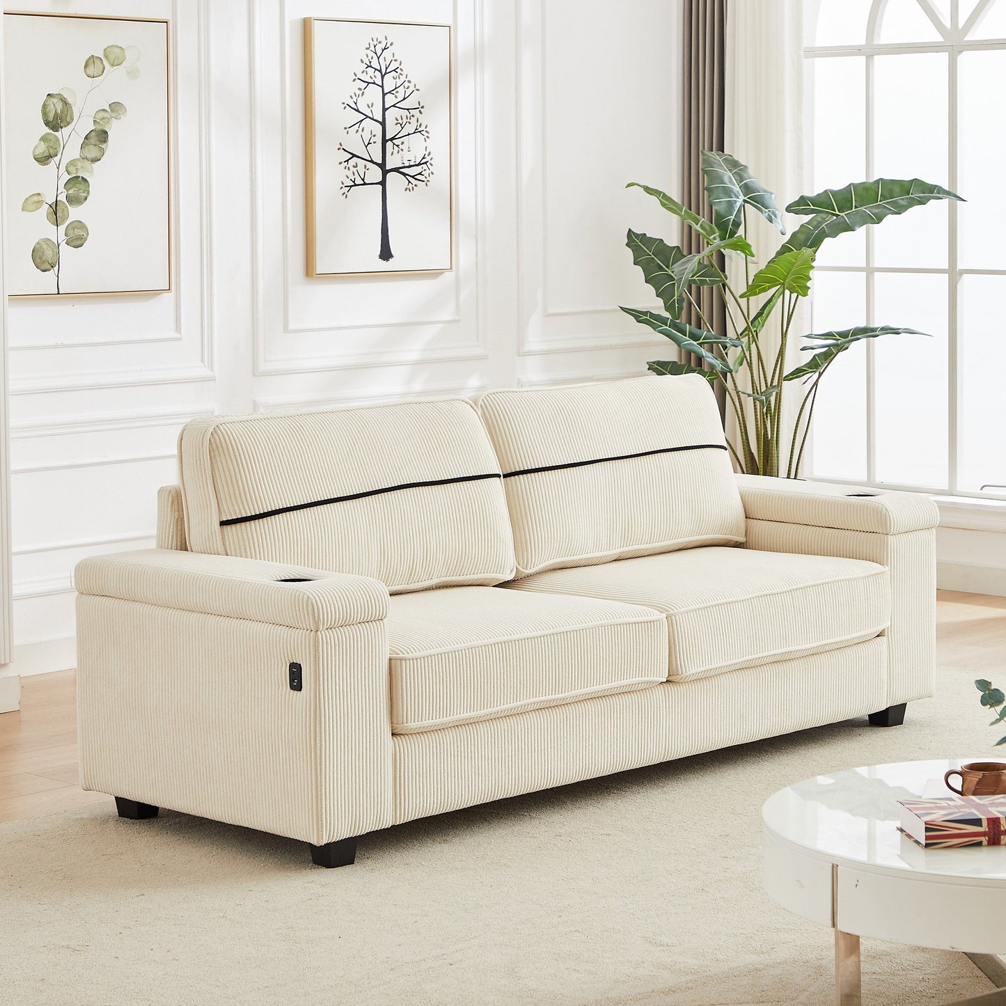 Deep Seat 86.5 Sofa with Storage, USB Charging, and Cup Holders - Comfortable Corduroy Couch