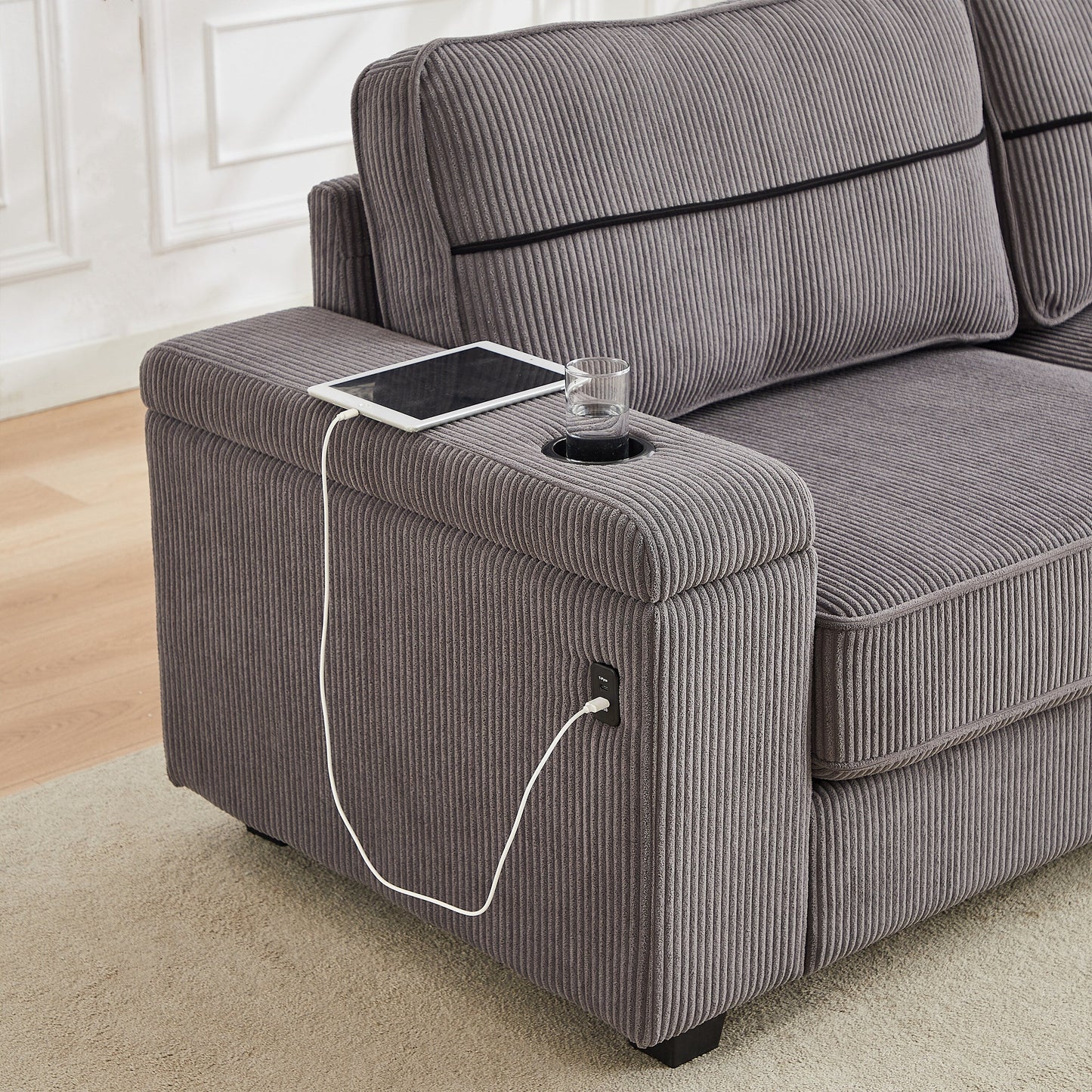 Deep Seat 86.5 Sofa with Storage, USB Charging, and Cup Holders - Comfortable Corduroy Couch