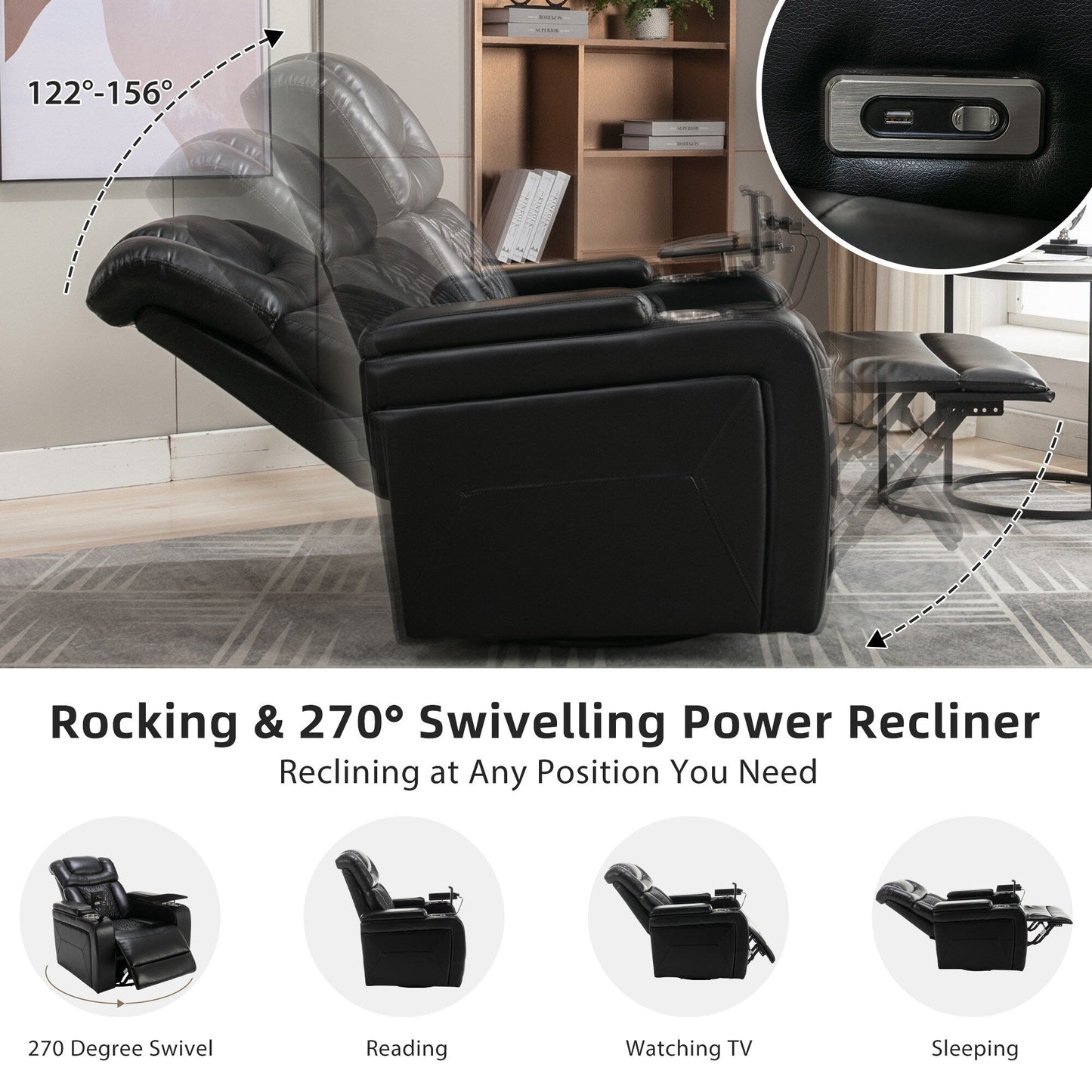Degree Swivel PU Leather Power Recliner Individual Seat Home Theater Recliner with Tray Table,Cup Holder,Hidden Arm Storage