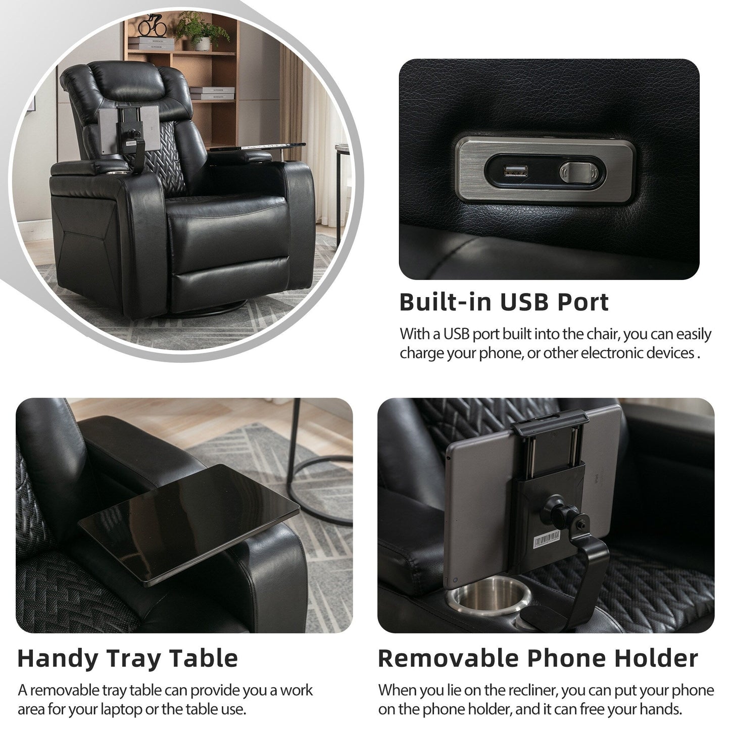 Degree Swivel PU Leather Power Recliner Individual Seat Home Theater Recliner with Tray Table,Cup Holder,Hidden Arm Storage