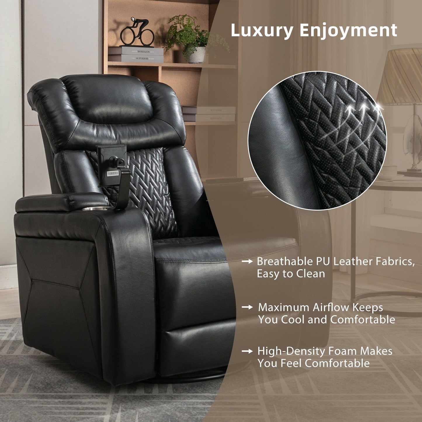 Degree Swivel PU Leather Power Recliner Individual Seat Home Theater Recliner with Tray Table,Cup Holder,Hidden Arm Storage
