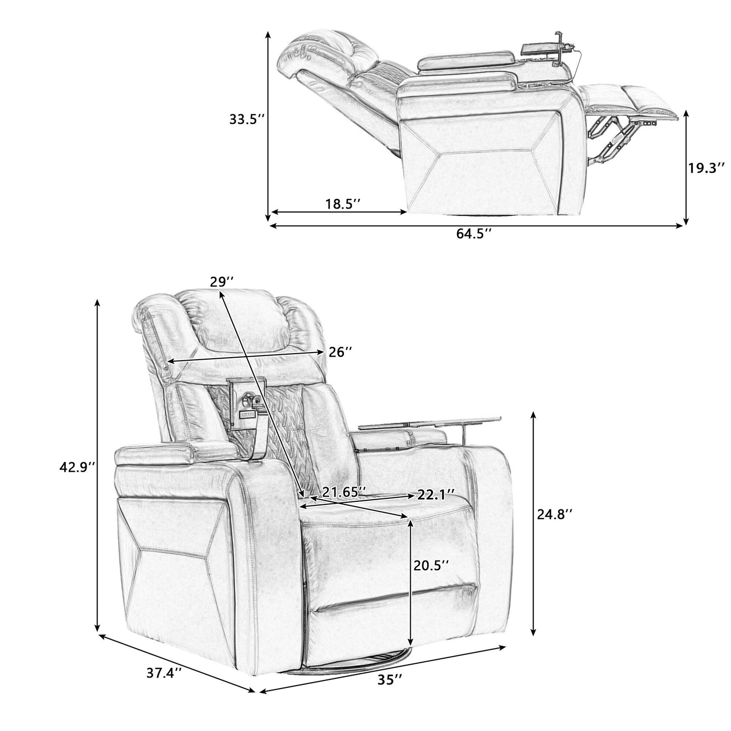 Degree Swivel PU Leather Power Recliner Individual Seat Home Theater Recliner with Tray Table,Cup Holder,Hidden Arm Storage