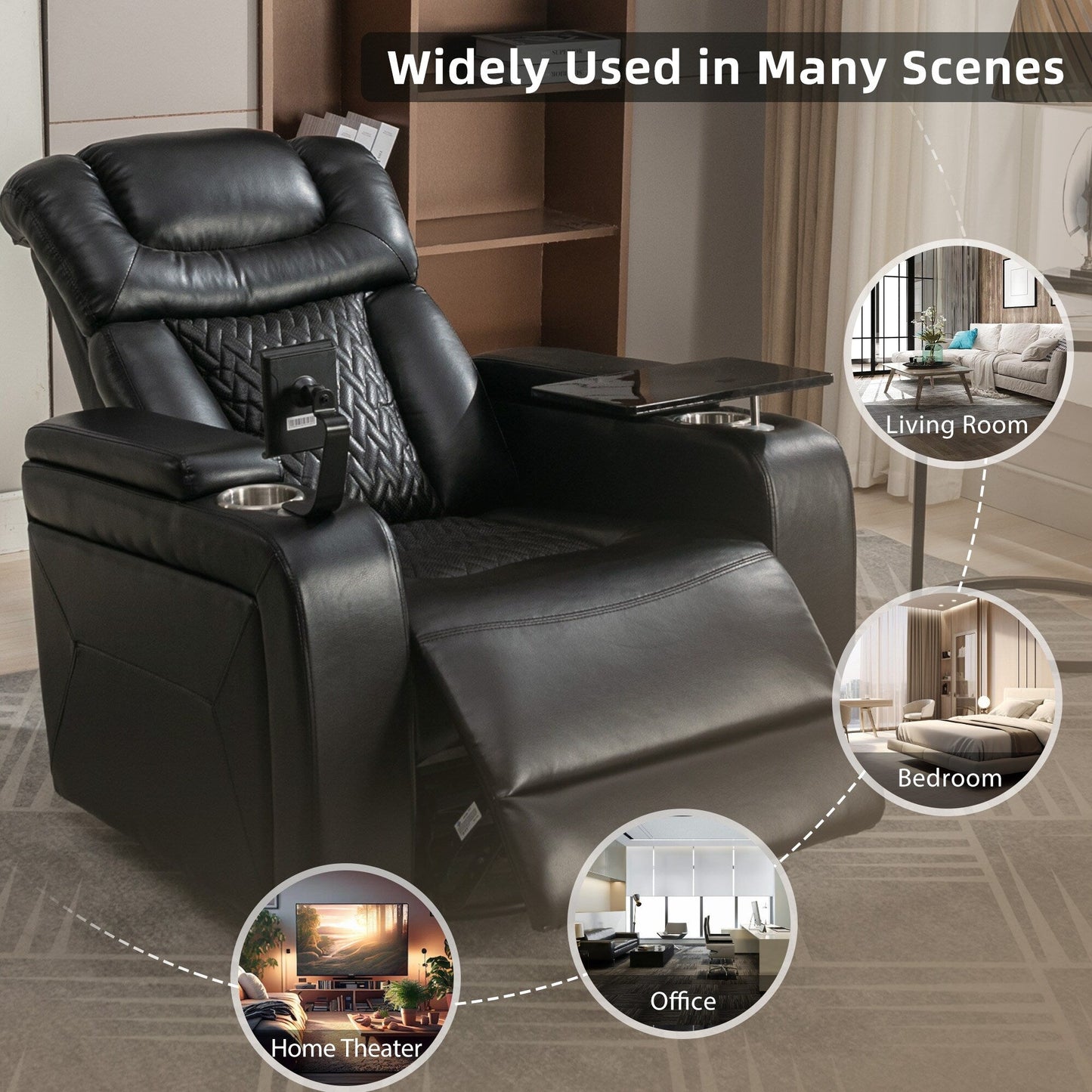 Degree Swivel PU Leather Power Recliner Individual Seat Home Theater Recliner with Tray Table,Cup Holder,Hidden Arm Storage