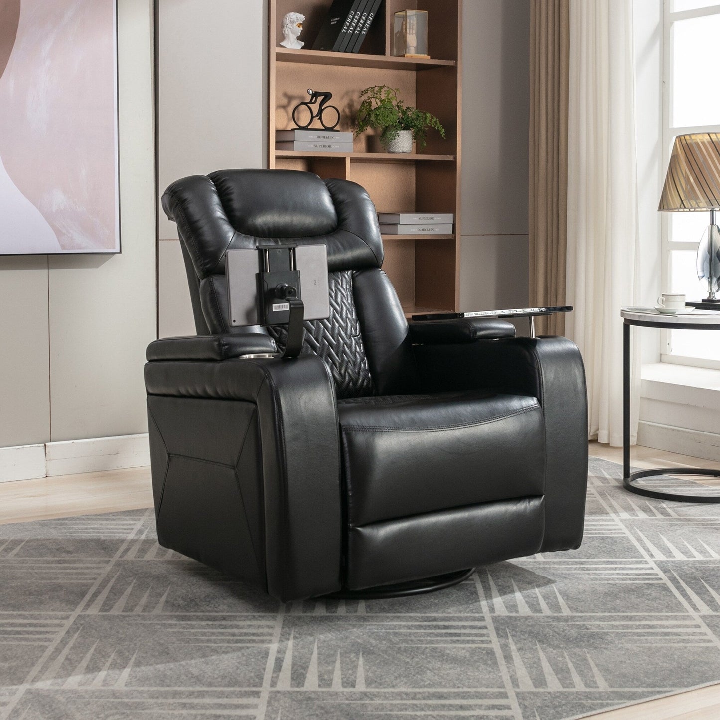 Degree Swivel PU Leather Power Recliner Individual Seat Home Theater Recliner with Tray Table,Cup Holder,Hidden Arm Storage