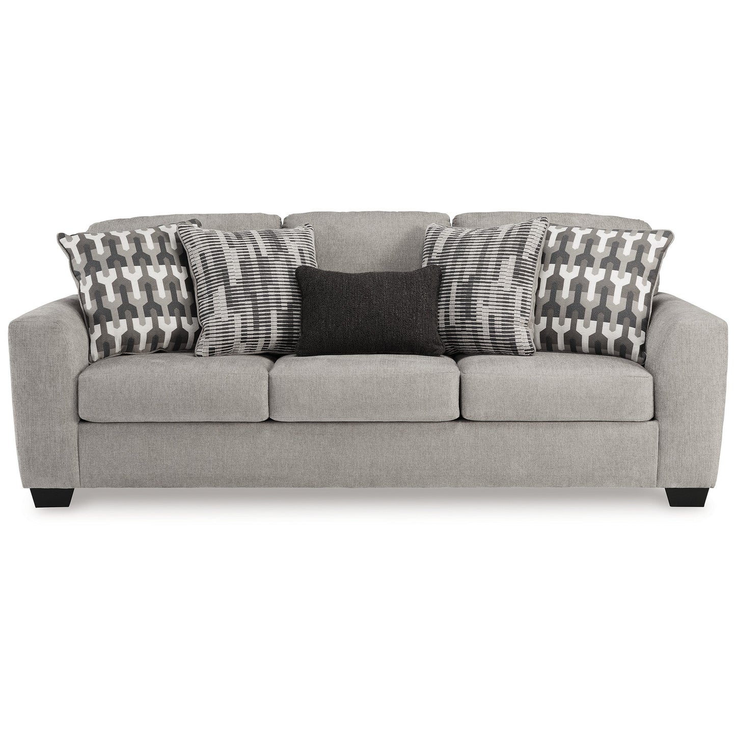 Delaney Sofa, Gray Polyester, 5 Accent Throw Pillows, Black, 97 Inch