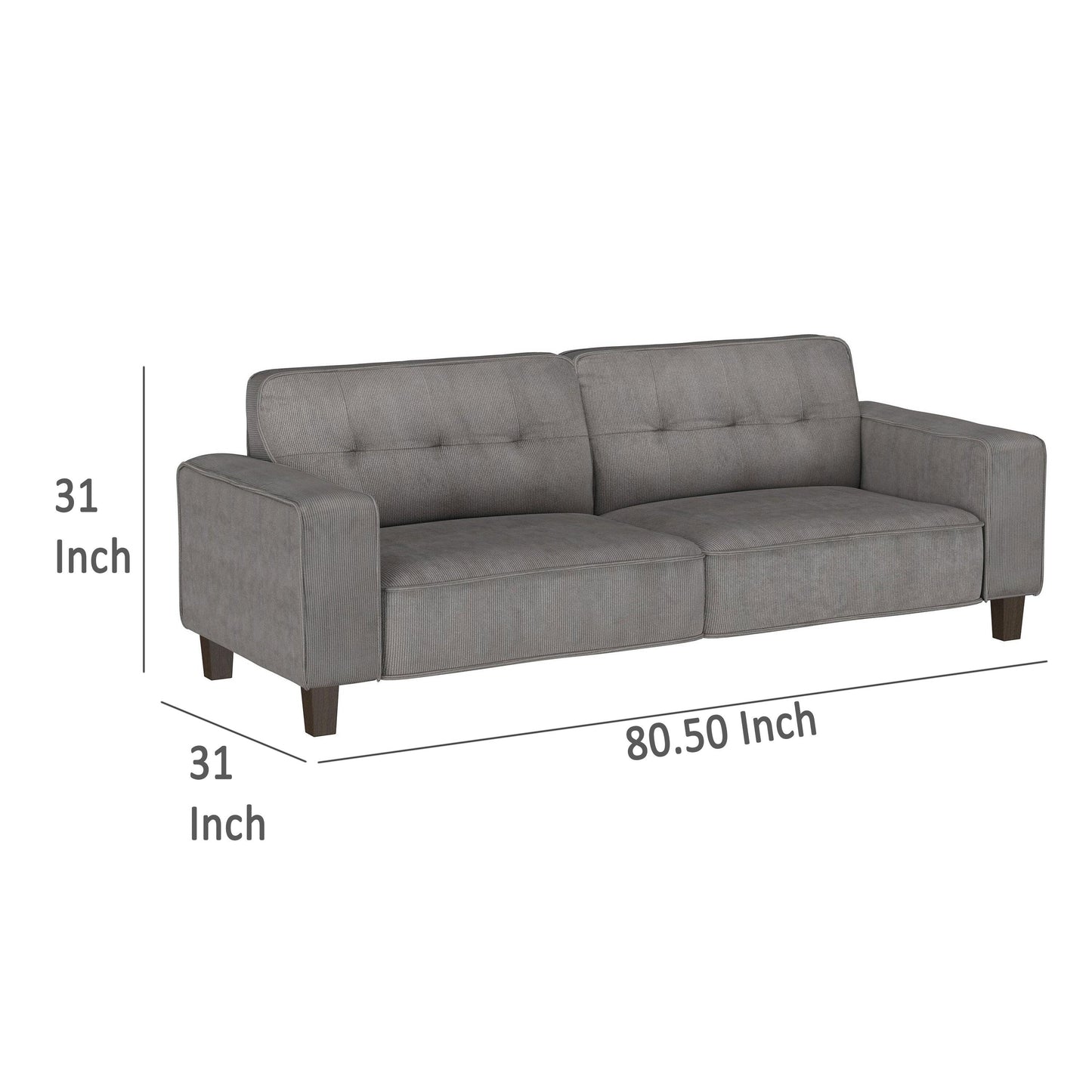 Dero Sofa, 81 Inch Wide, Modern Wide Track Arms, Gray Faux Corduroy