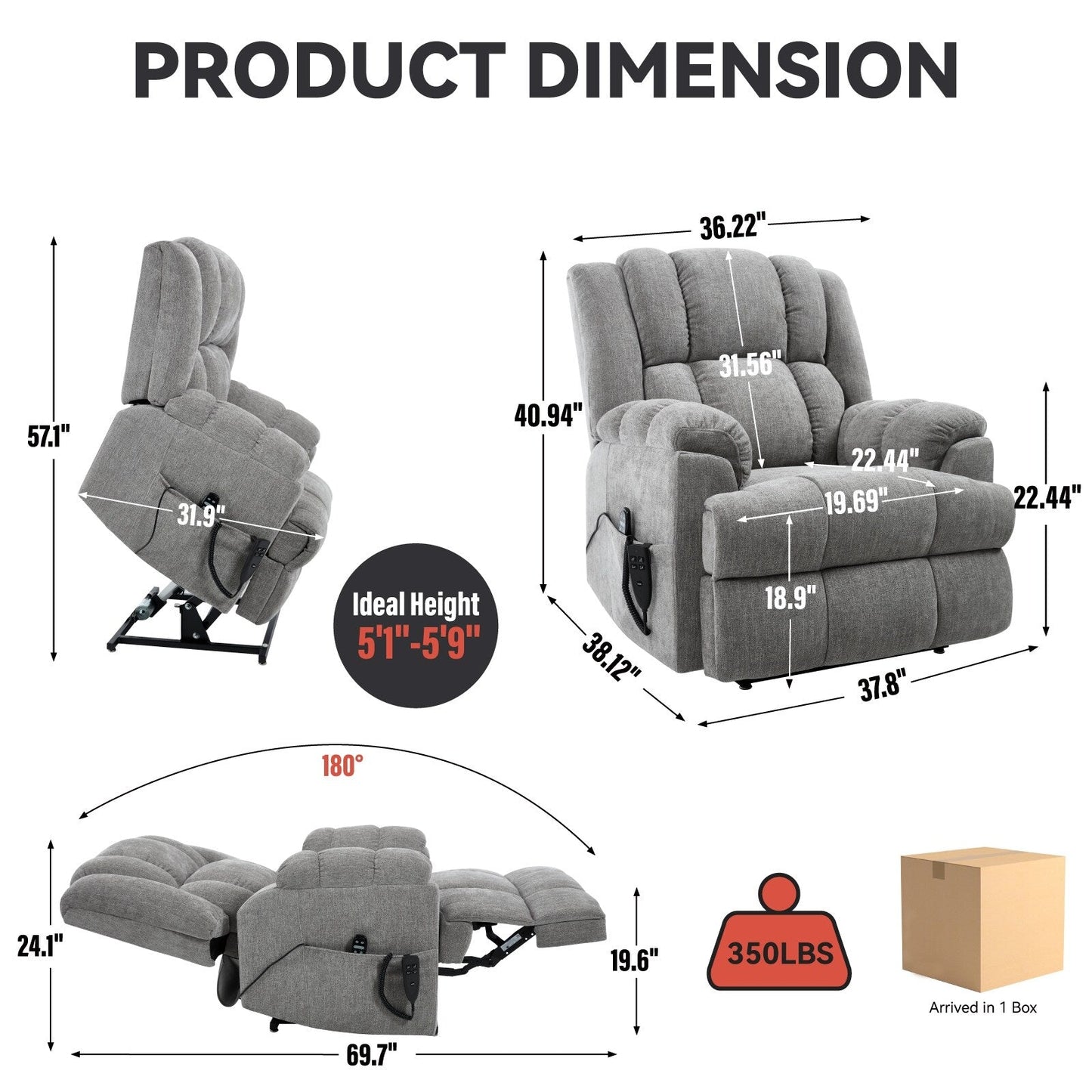 Dual Motor Power Lift Chenille Recliner Chair with Massage and Heat for Elderly People, Lazy Boy Single Sofa, Infinite Position