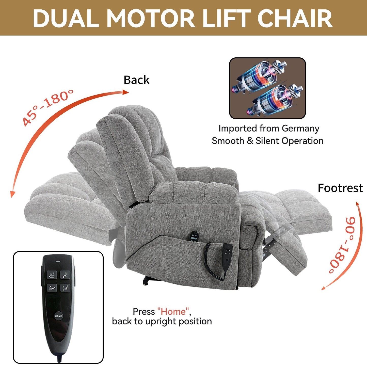 Dual Motor Power Lift Chenille Recliner Chair with Massage and Heat for Elderly People, Lazy Boy Single Sofa, Infinite Position