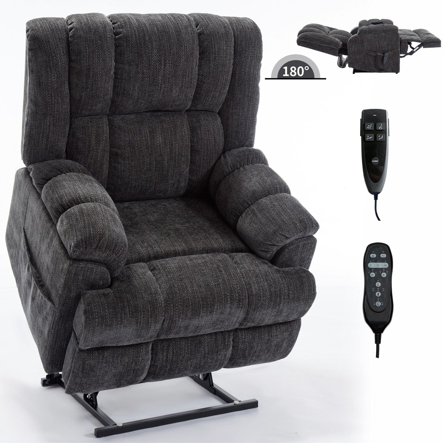 Dual Motor Power Lift Chenille Recliner with Massage and Heat, Dark gray