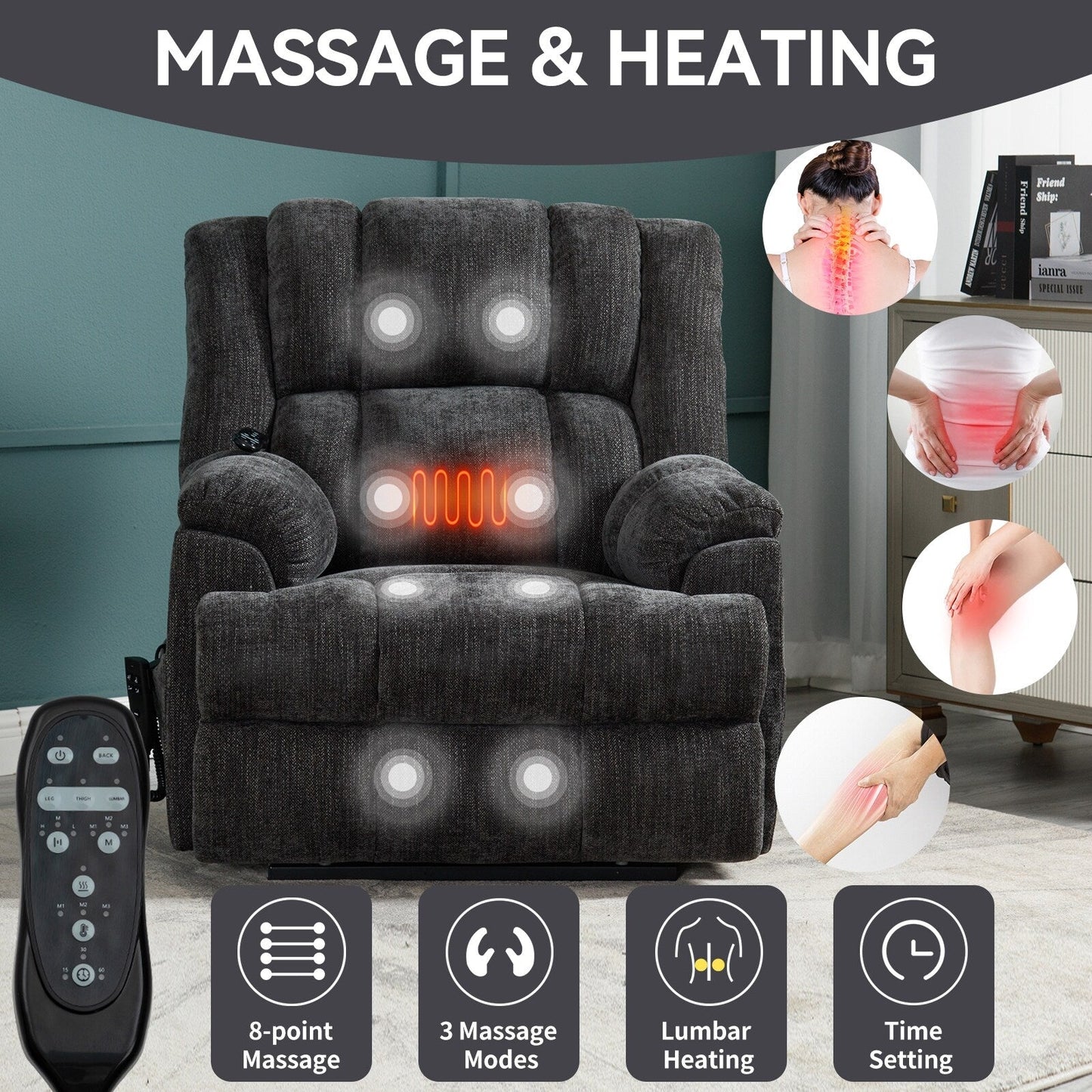 Dual Motor Power Lift Chenille Recliner with Massage and Heat, Dark gray