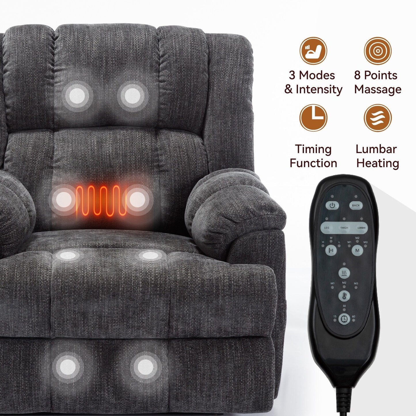 Dual Motor Power Lift Chenille Recliner with Massage and Heat, Dark gray