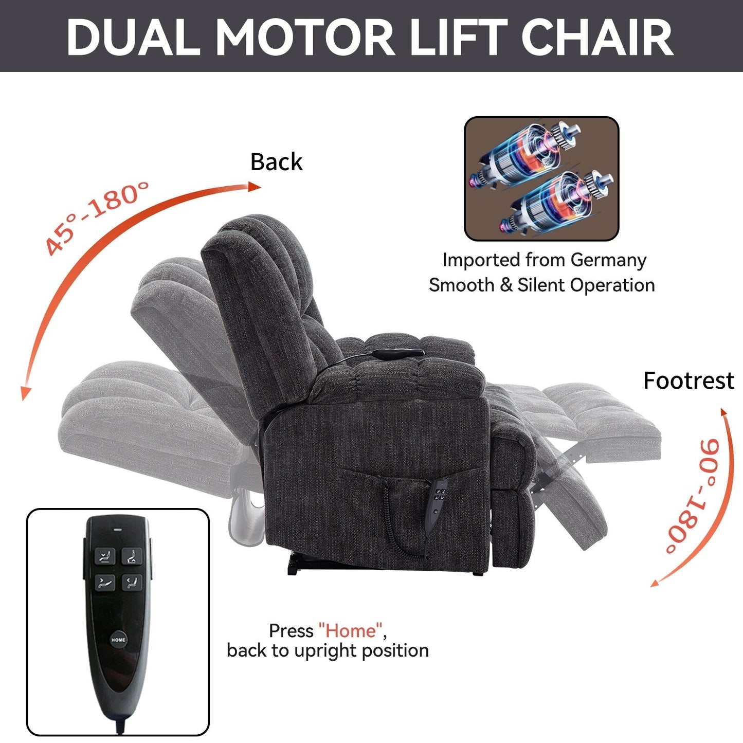 Dual Motor Power Lift Chenille Recliner with Massage and Heat, Dark gray