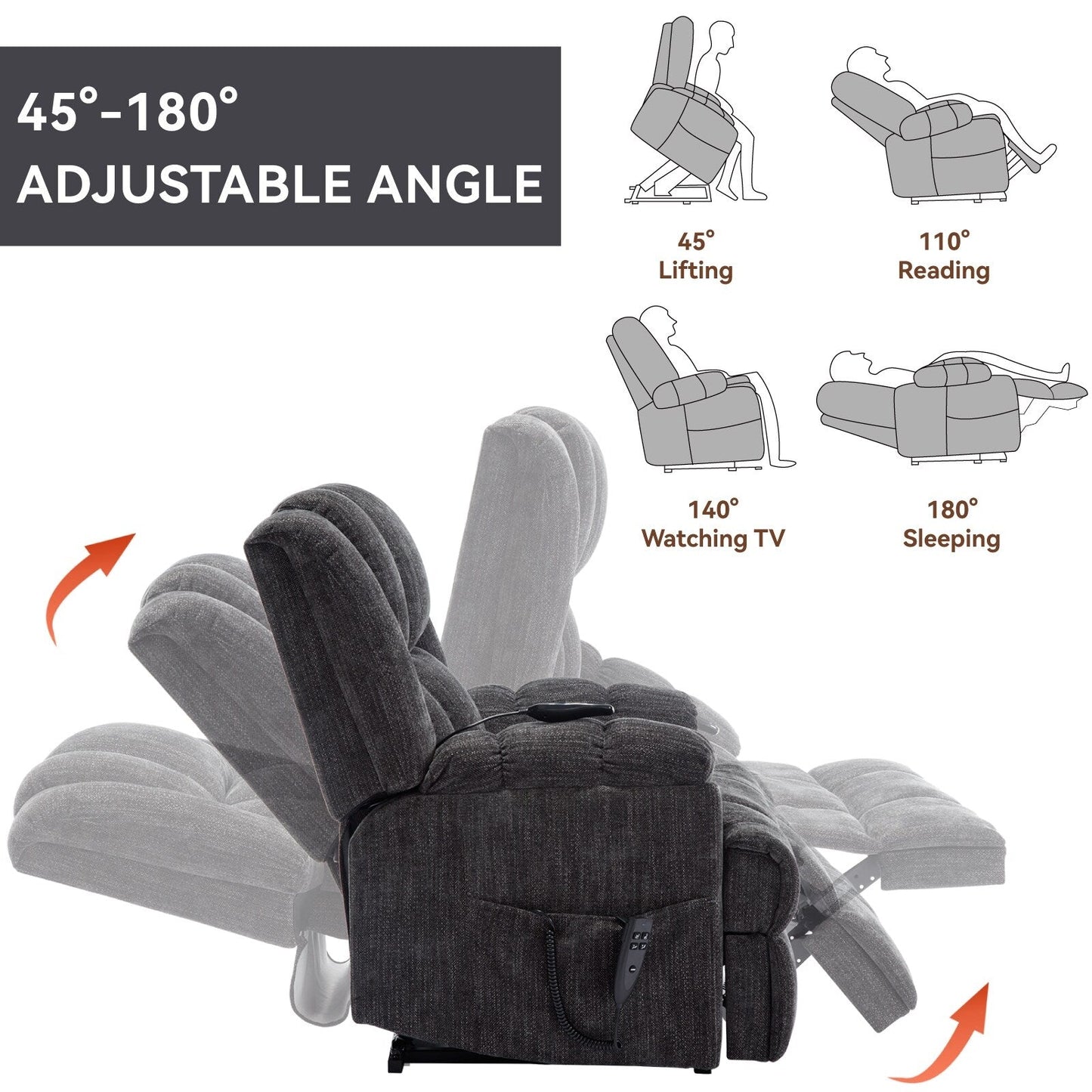 Dual Motor Power Lift Chenille Recliner with Massage and Heat, Dark gray