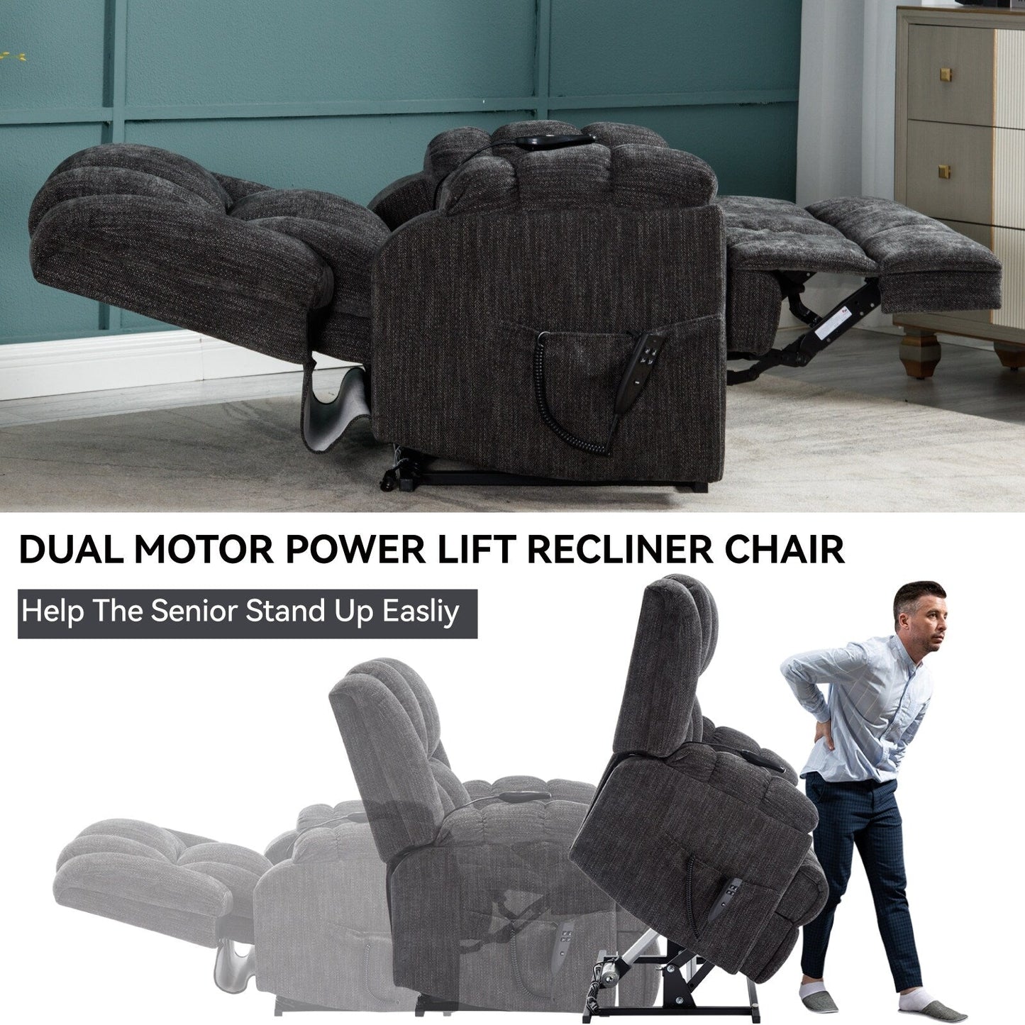 Dual Motor Power Lift Chenille Recliner with Massage and Heat, Dark gray