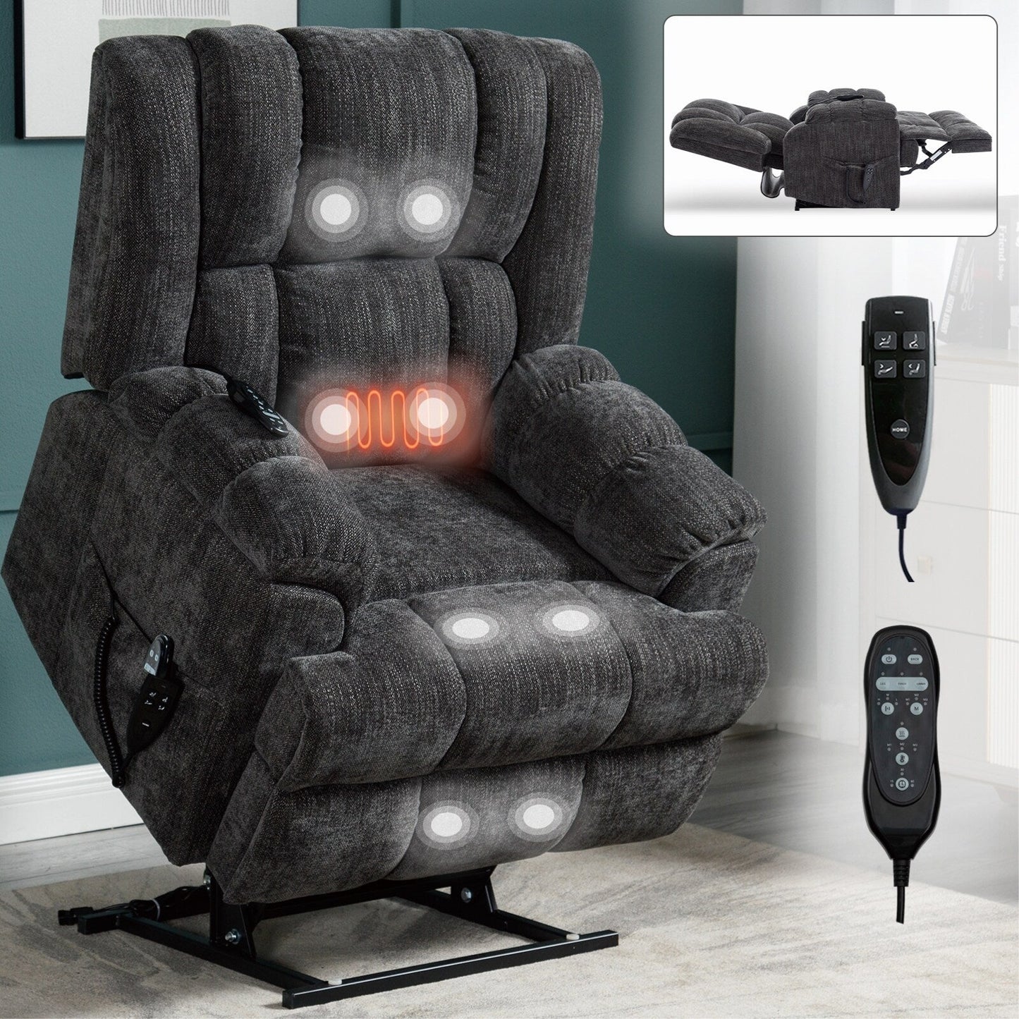 Dual Motor Power Lift Chenille Recliner with Massage and Heat, Dark gray