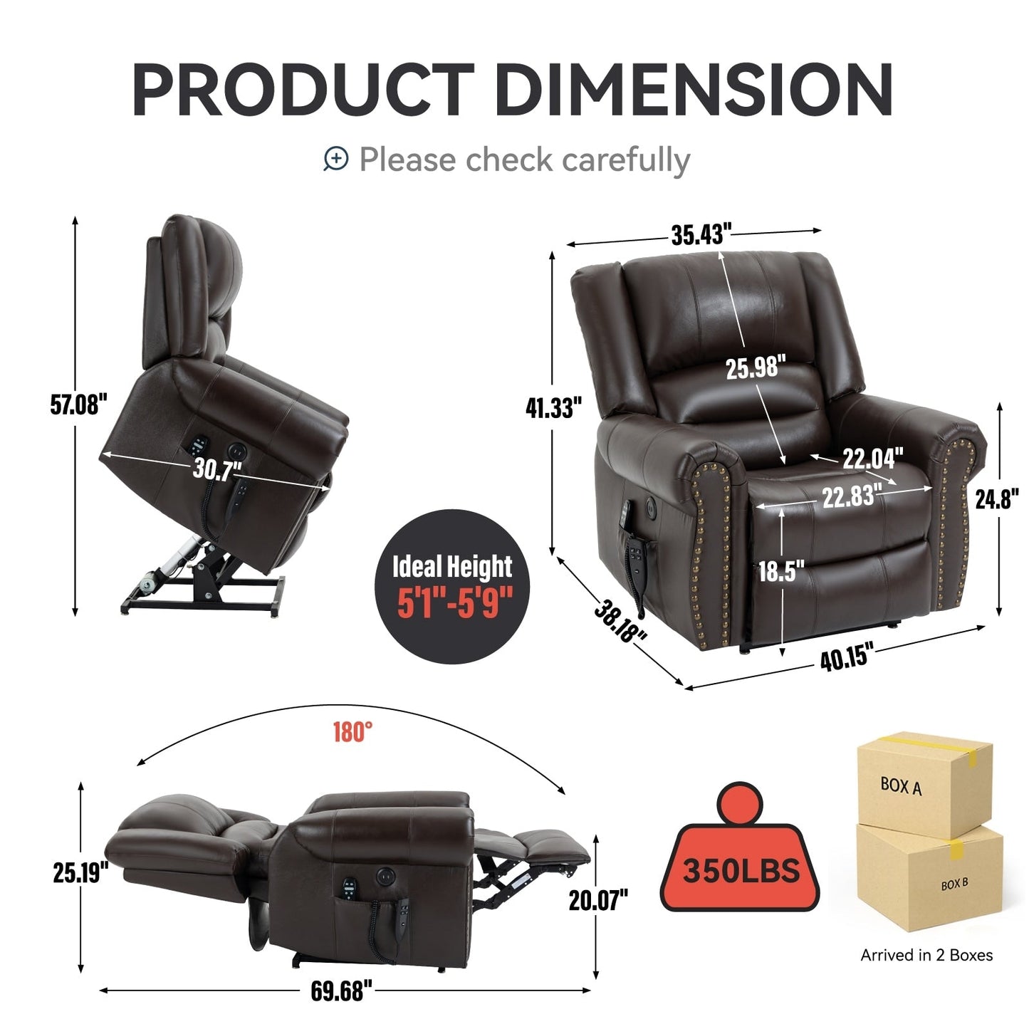 Dual Motor Power Lift Genuine Leather Recliner Chair with Heat Massage and USB Ports