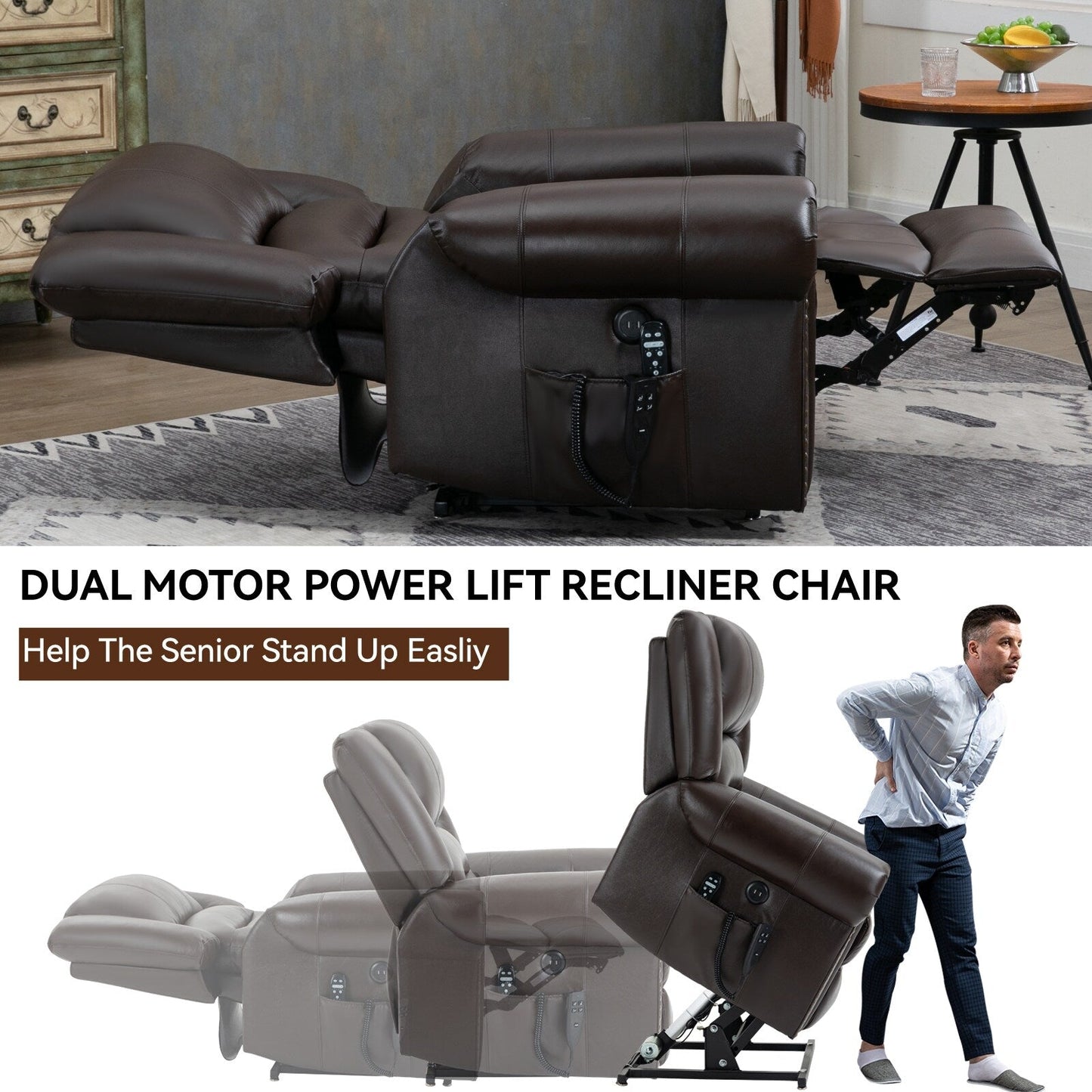 Dual Motor Power Lift Genuine Leather Recliner Chair with Heat Massage and USB Ports