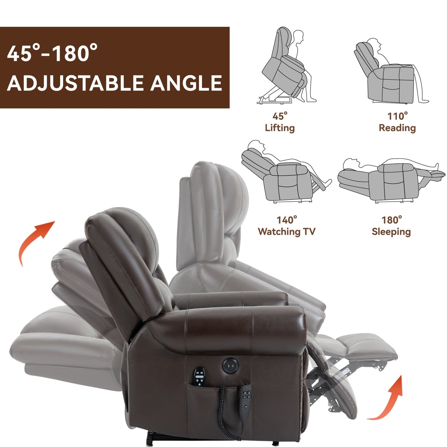 Dual Motor Power Lift Genuine Leather Recliner Chair with Heat Massage and USB Ports