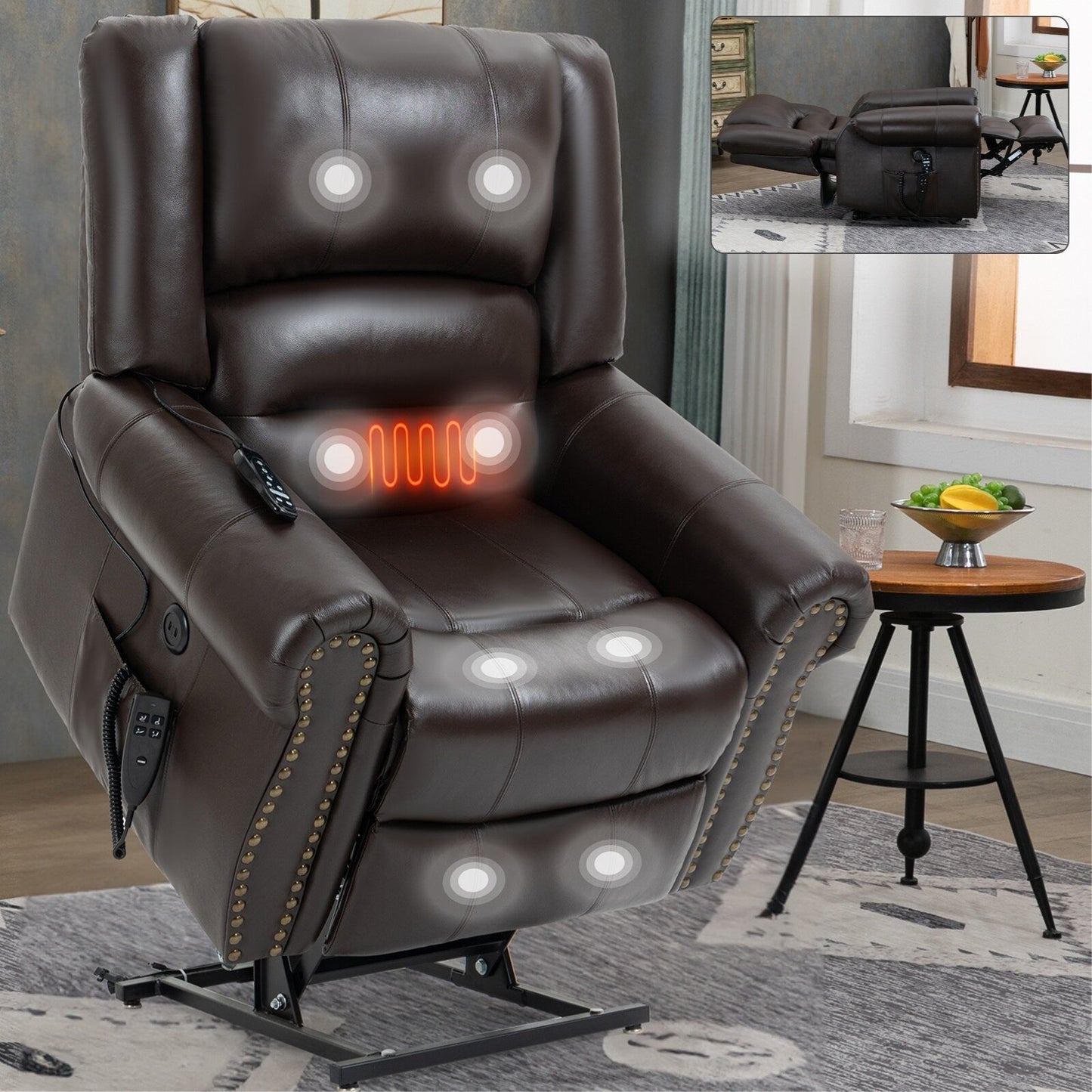 Dual Motor Power Lift Genuine Leather Recliner Chair with Heat Massage and USB Ports