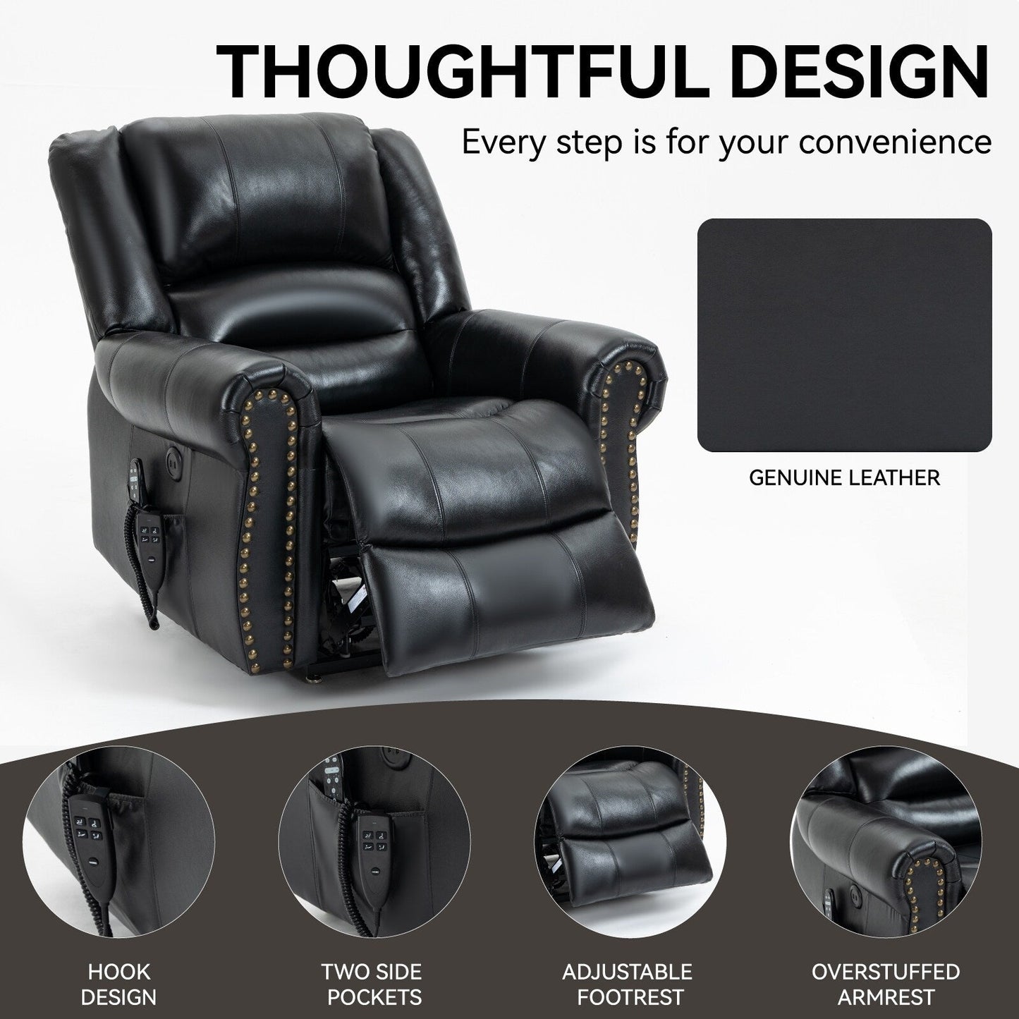 Dual Motor Power Lift Genuine Leather Recliner Chair with Heat Massage and USB Ports
