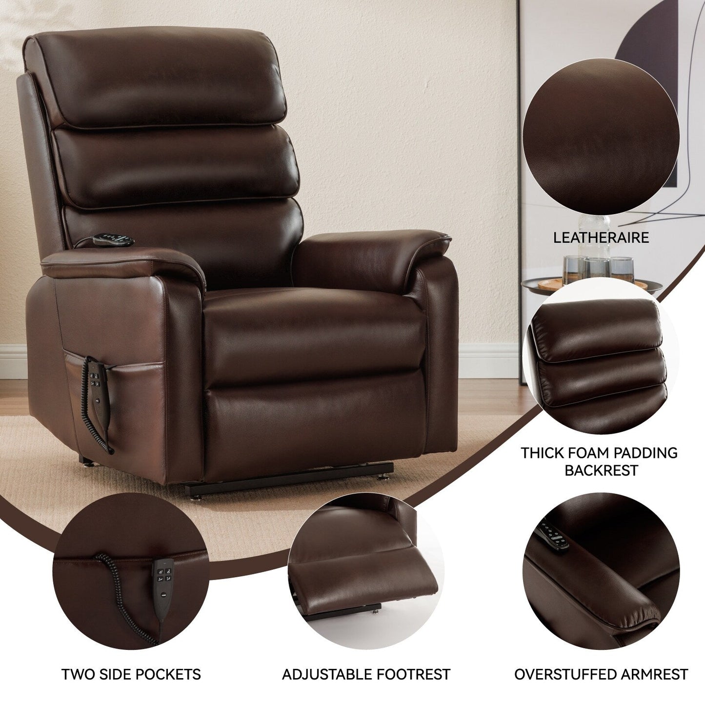 Dual Motor Power Lift Recliner Chair with Massage and Heat - Cat-Proof Leather, Electric Recline, Remote Control