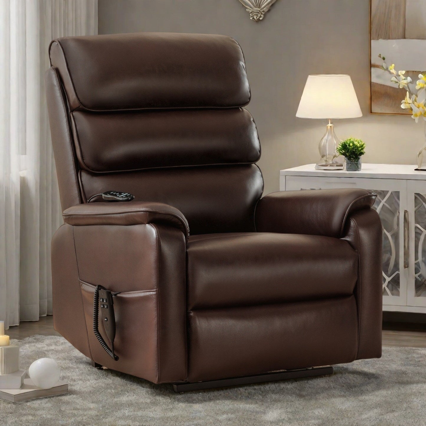 Dual Motor Power Lift Recliner Chair with Massage and Heat - Cat-Proof Leather, Electric Recline, Remote Control