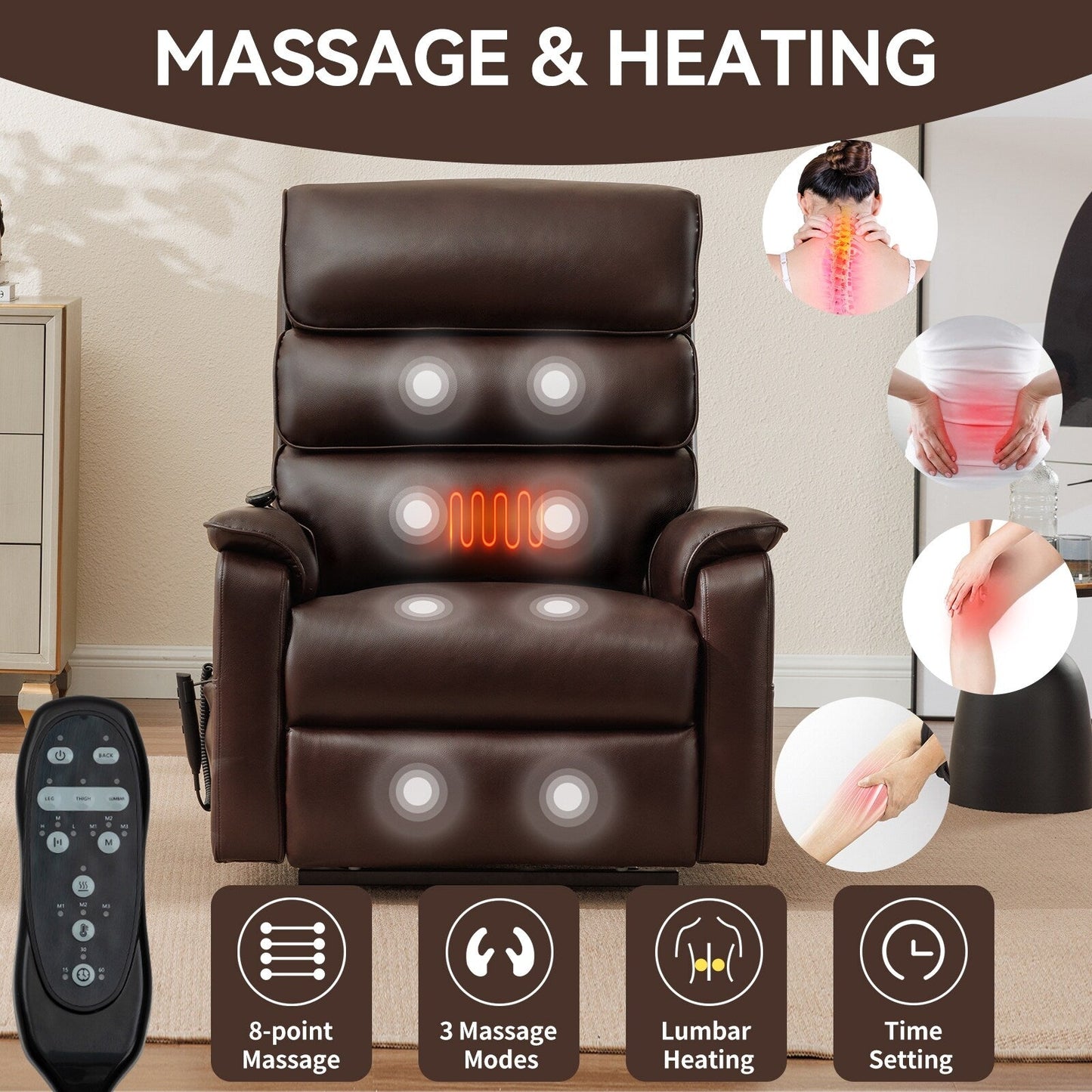 Dual Motor Power Lift Recliner Chair with Massage and Heat - Cat-Proof Leather, Electric Recline, Remote Control