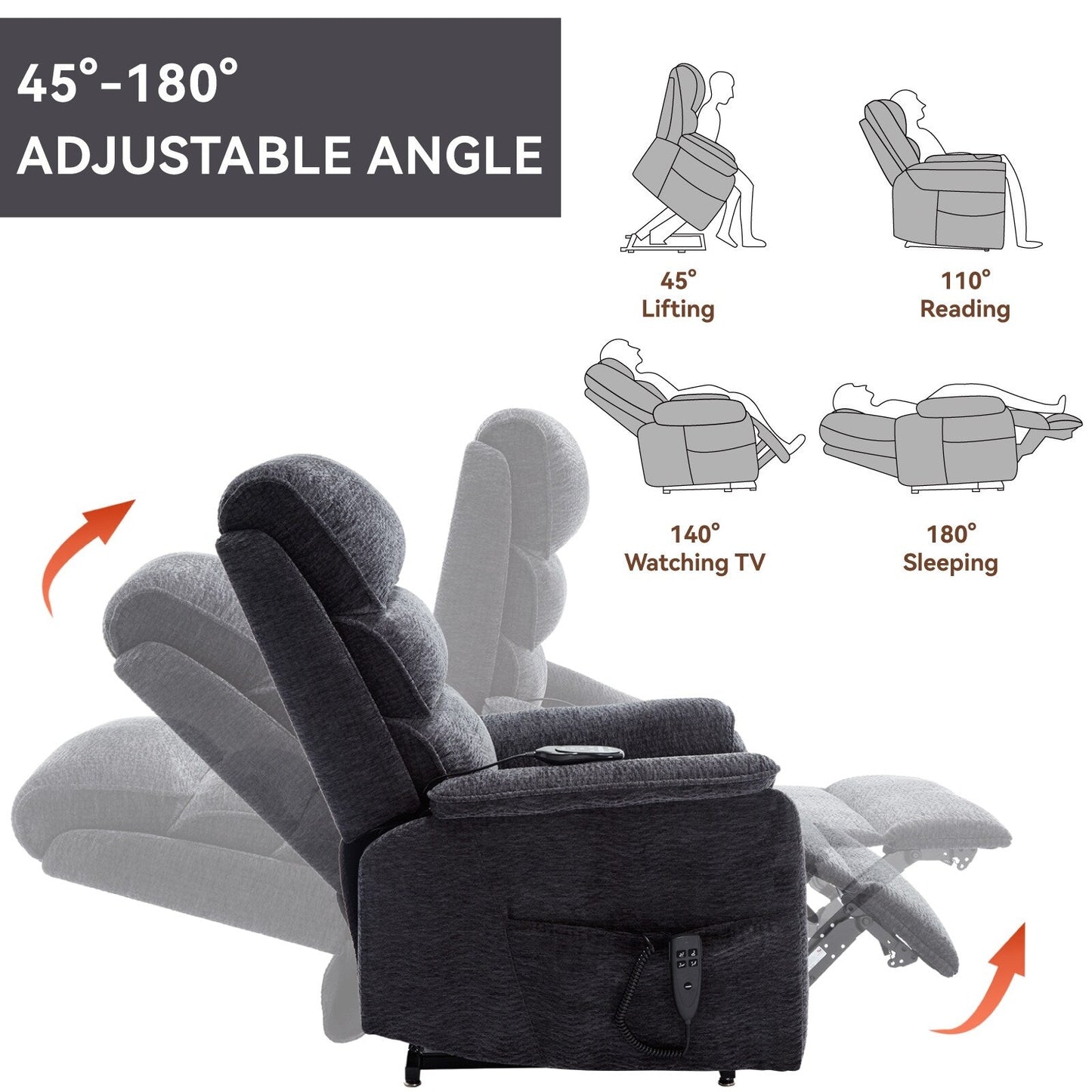 Dual Motor Power Lift Recliner Chair with Massage and Lumbar Heat - Chenille Fabric, Electric Recline