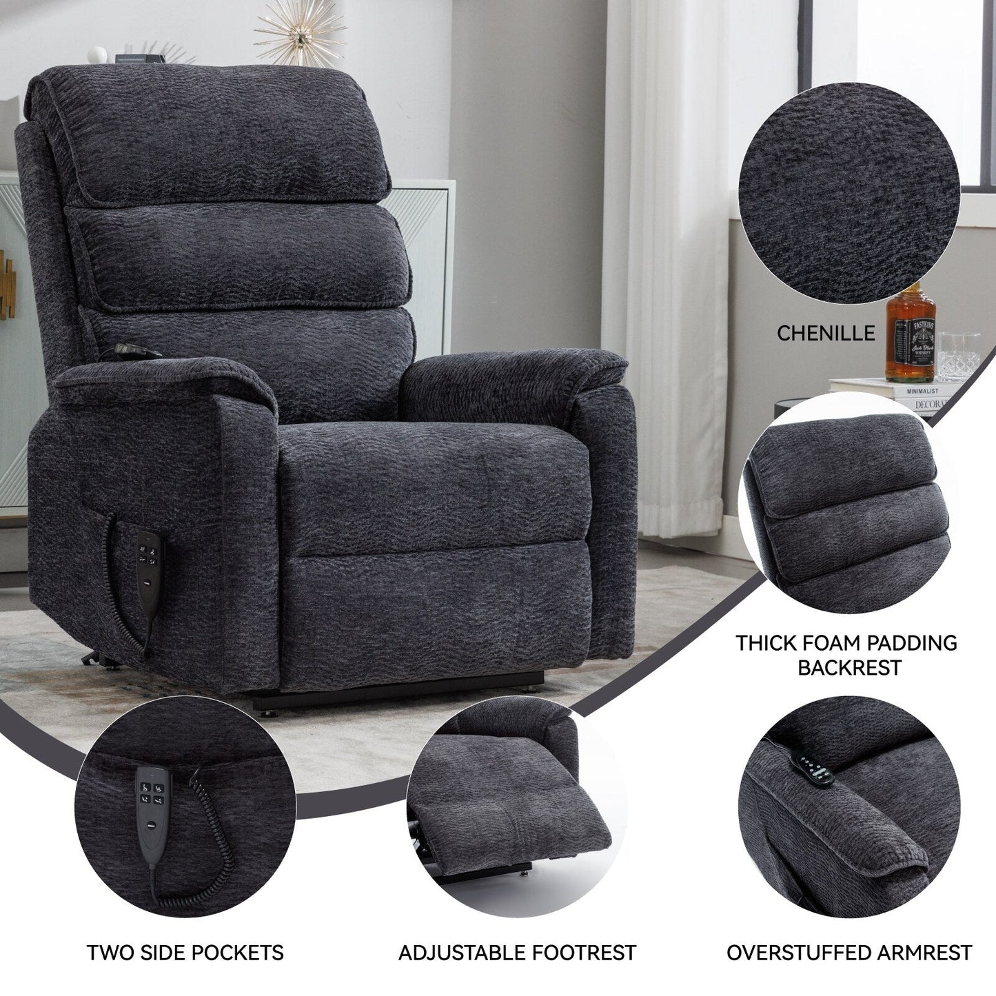 Dual Motor Power Lift Recliner Chair with Massage and Lumbar Heat - Chenille Fabric, Electric Recline