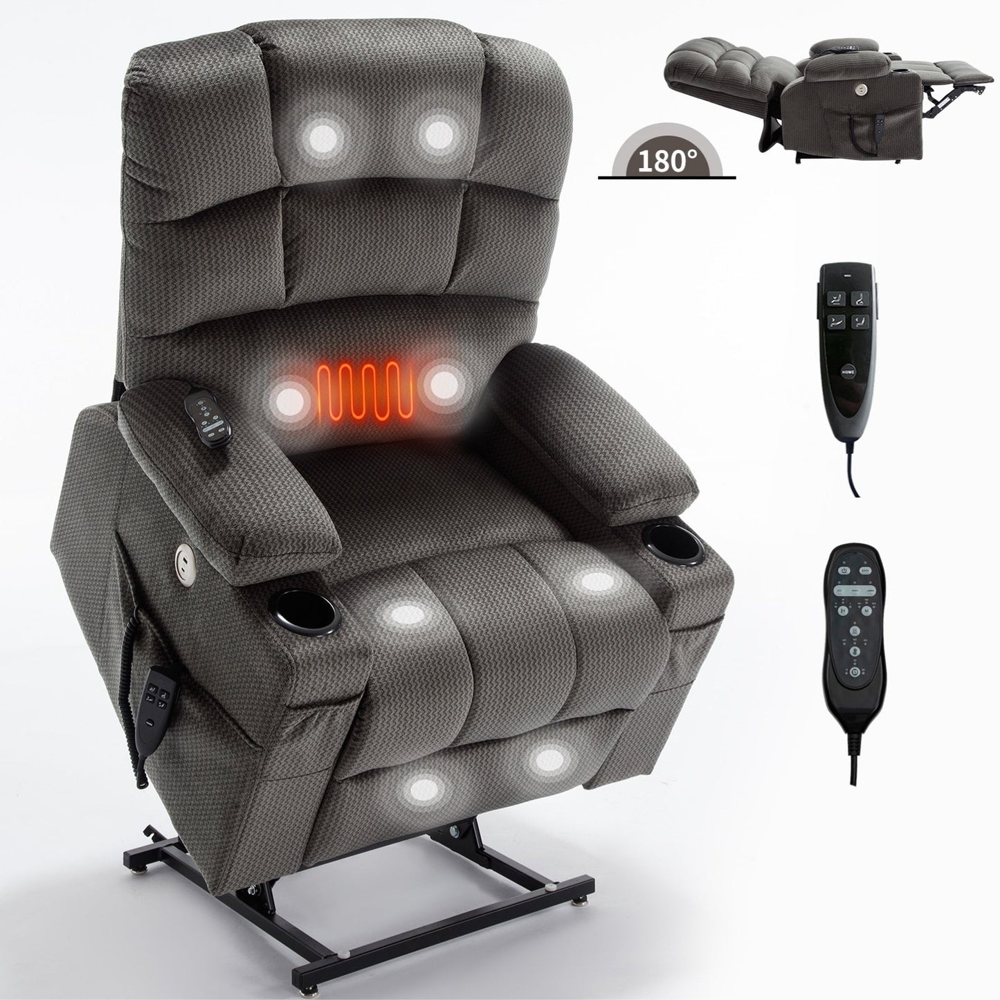 Dual Motor Power Lift Recliner Chair with Massage, Lumbar Heating, 8-Point Vibration, and Dual Cup Holders