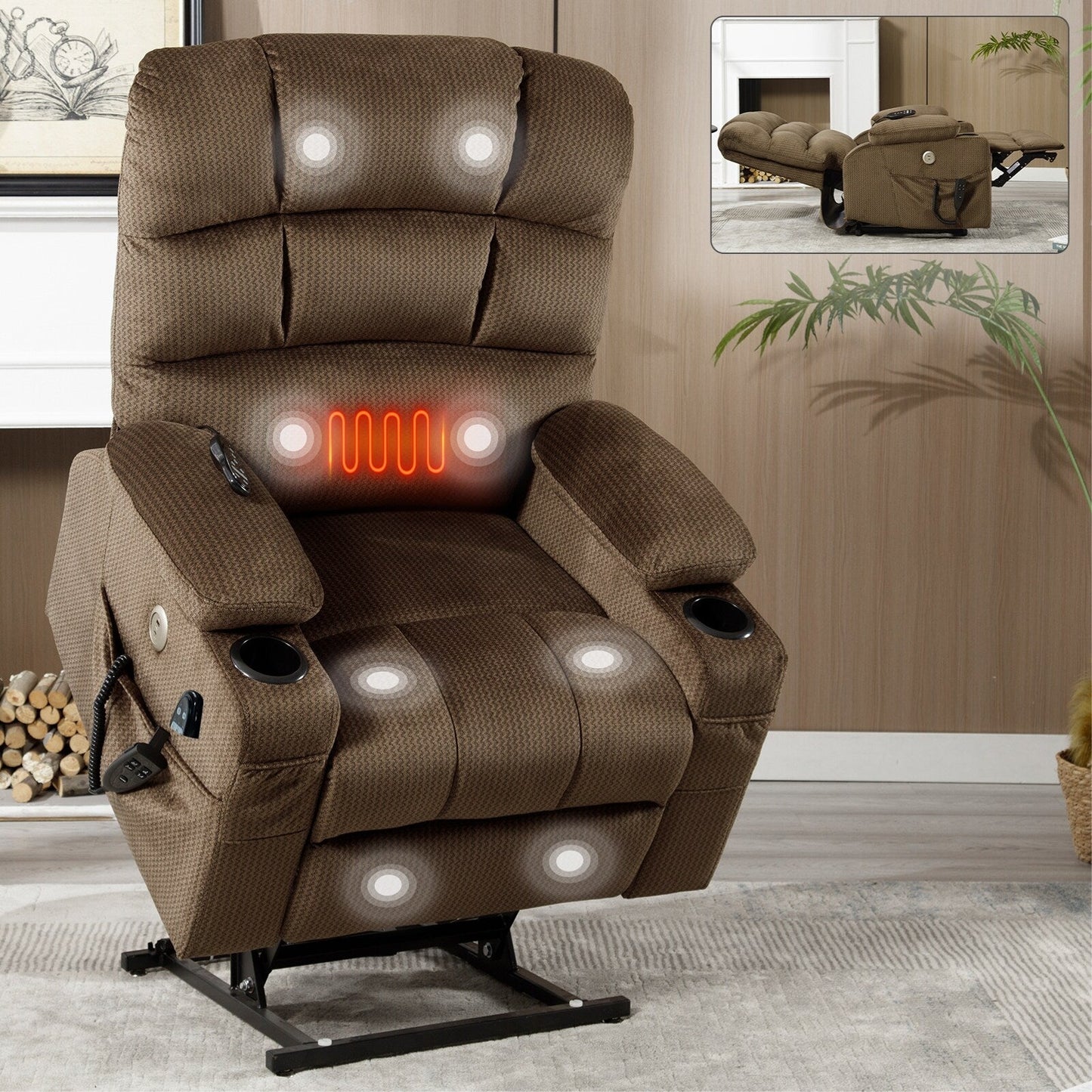 Dual Motor Power Lift Recliner Chair with Massage, Lumbar Heating, 8-Point Vibration, and Dual Cup Holders