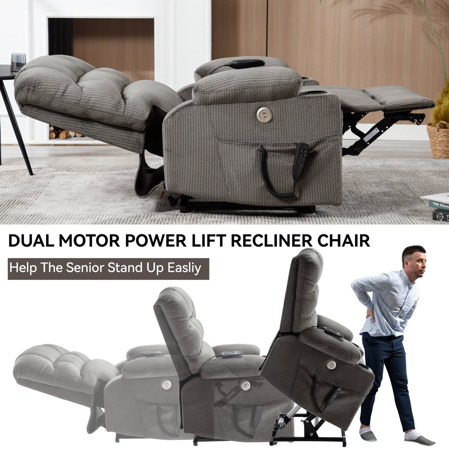 Dual Motor Power Lift Recliner Chair with Massage, Lumbar Heating, 8-Point Vibration, and Dual Cup Holders