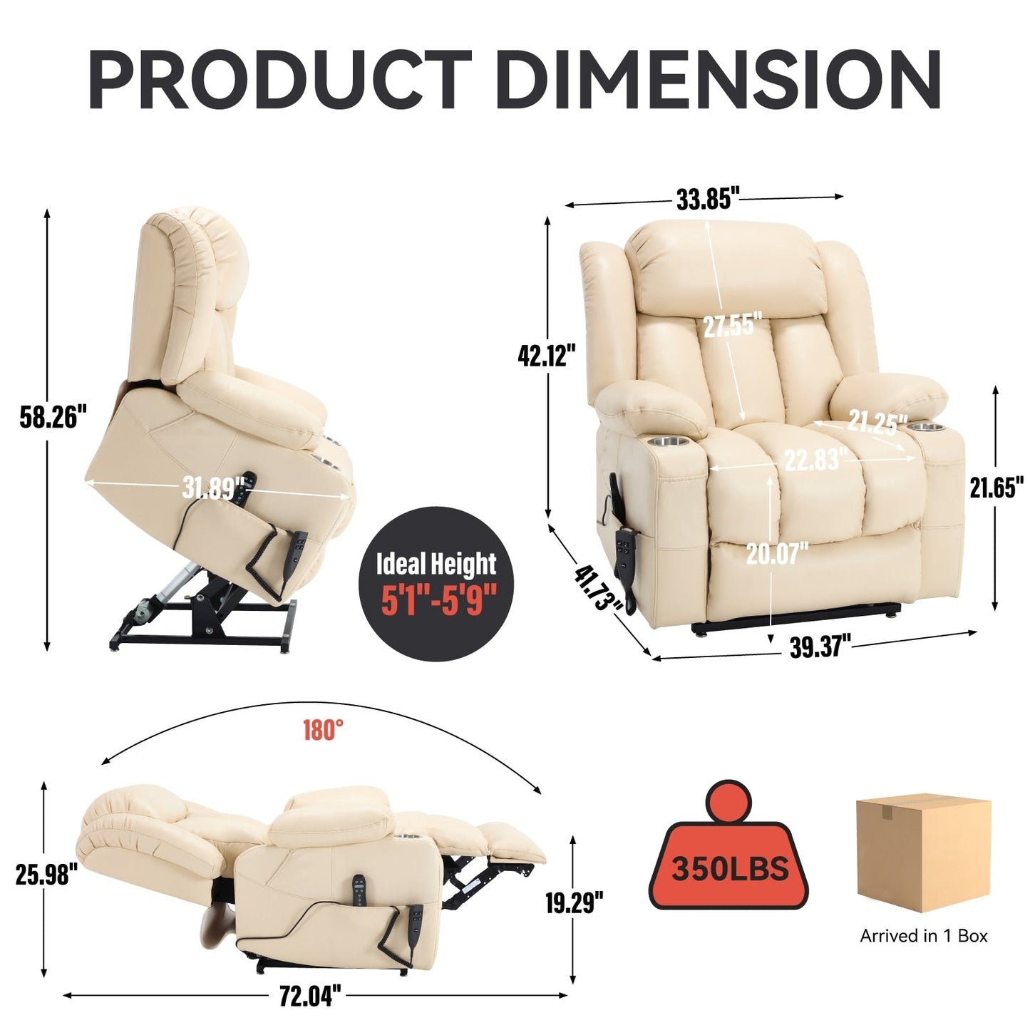 Dual Motor Power Lift Recliner Chair, with 8-Point Massage & Lumbar Heating, Stainless Steel Cup Holders