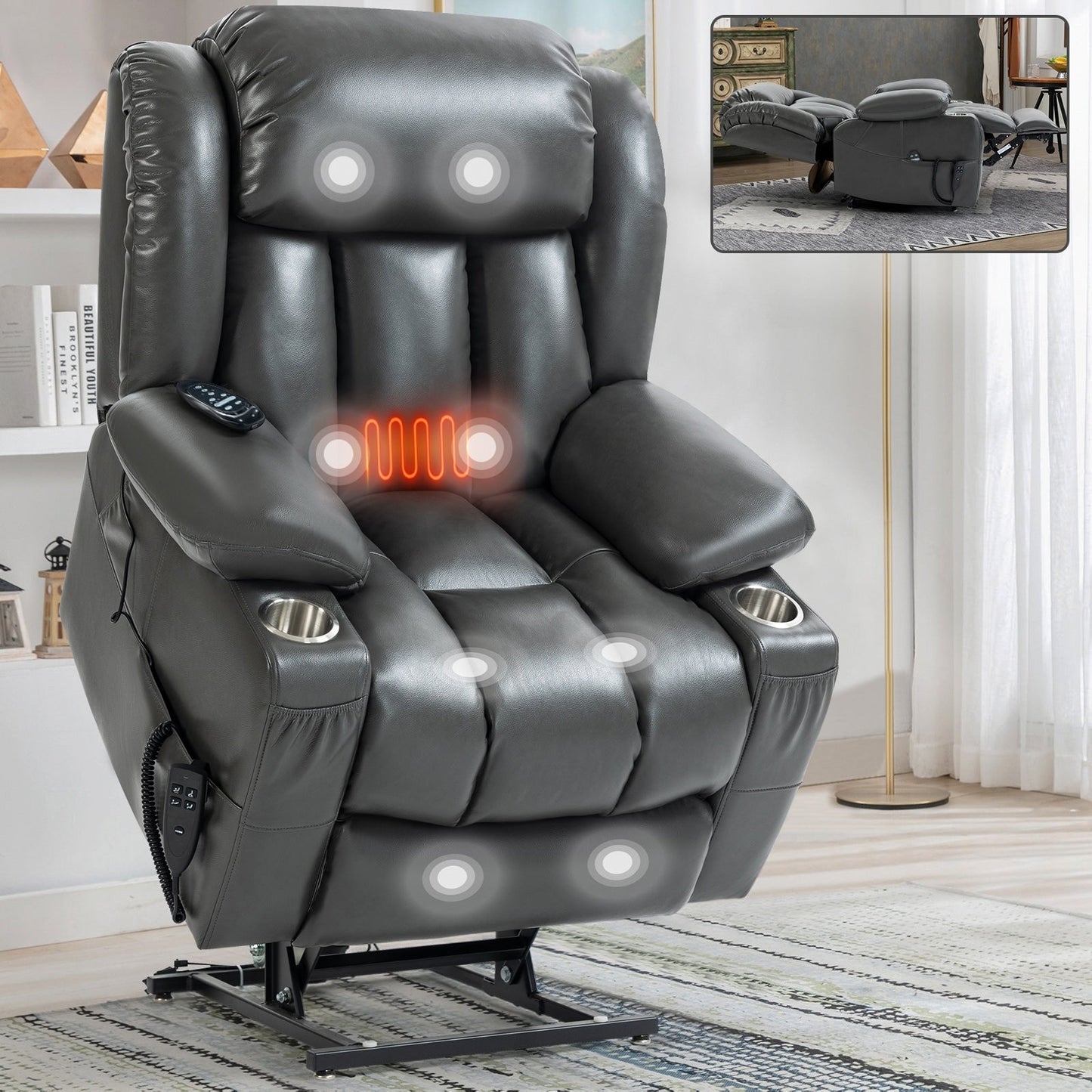 Dual Motor Power Lift Recliner Chair, with 8-Point Massage & Lumbar Heating, Stainless Steel Cup Holders