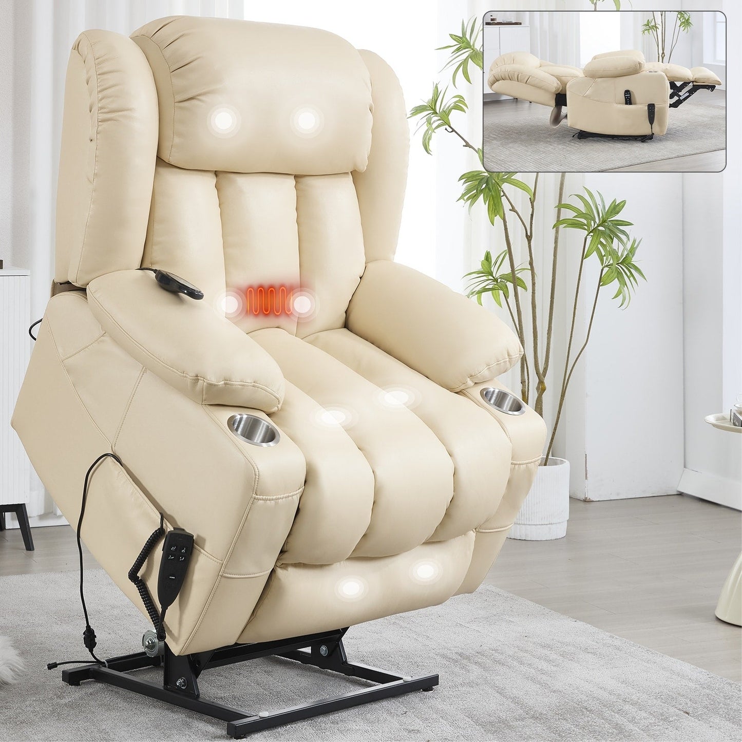 Dual Motor Power Lift Recliner Chair, with 8-Point Massage & Lumbar Heating, Stainless Steel Cup Holders