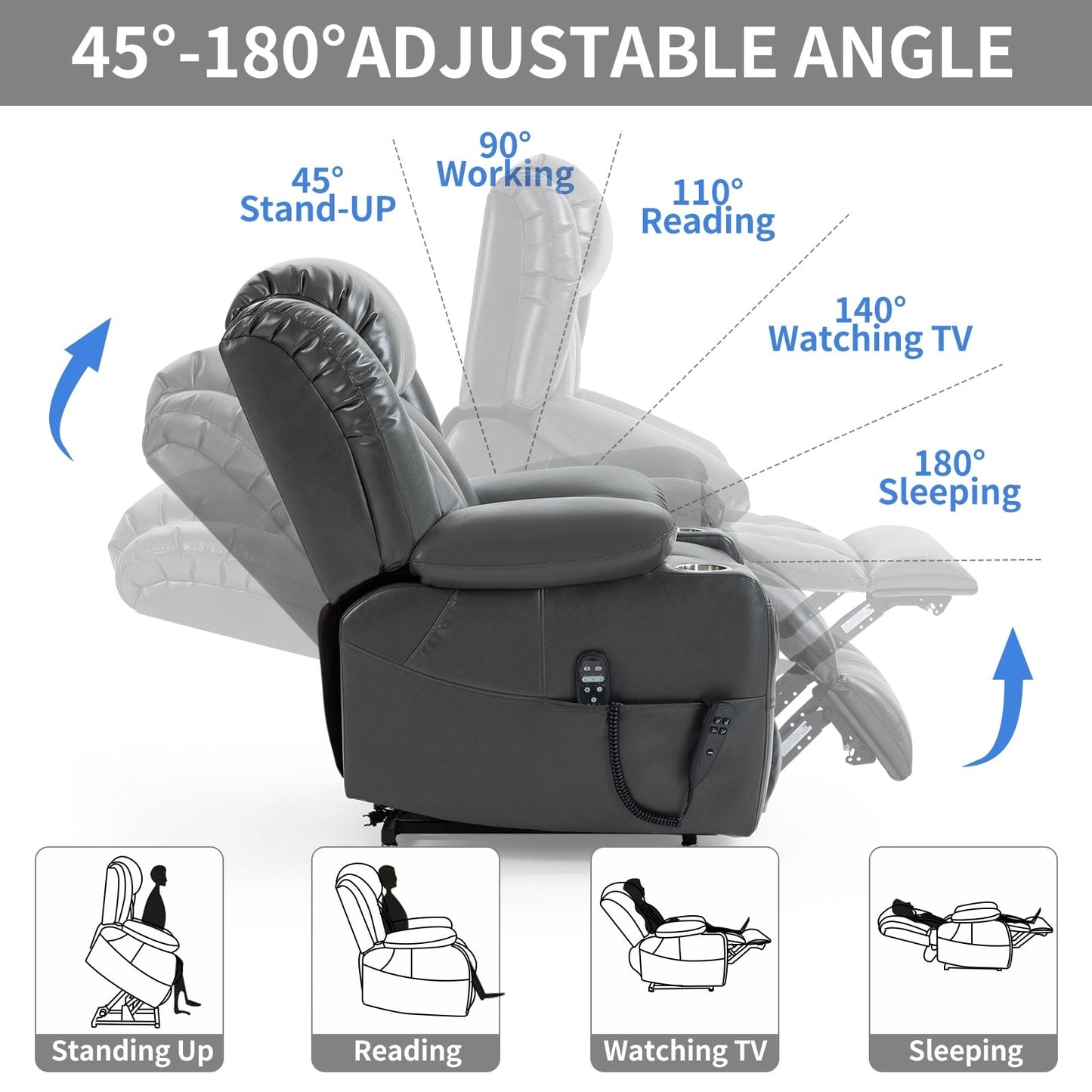 Dual Motor Power Lift Recliner Chair, with 8-Point Massage & Lumbar Heating, Stainless Steel Cup Holders