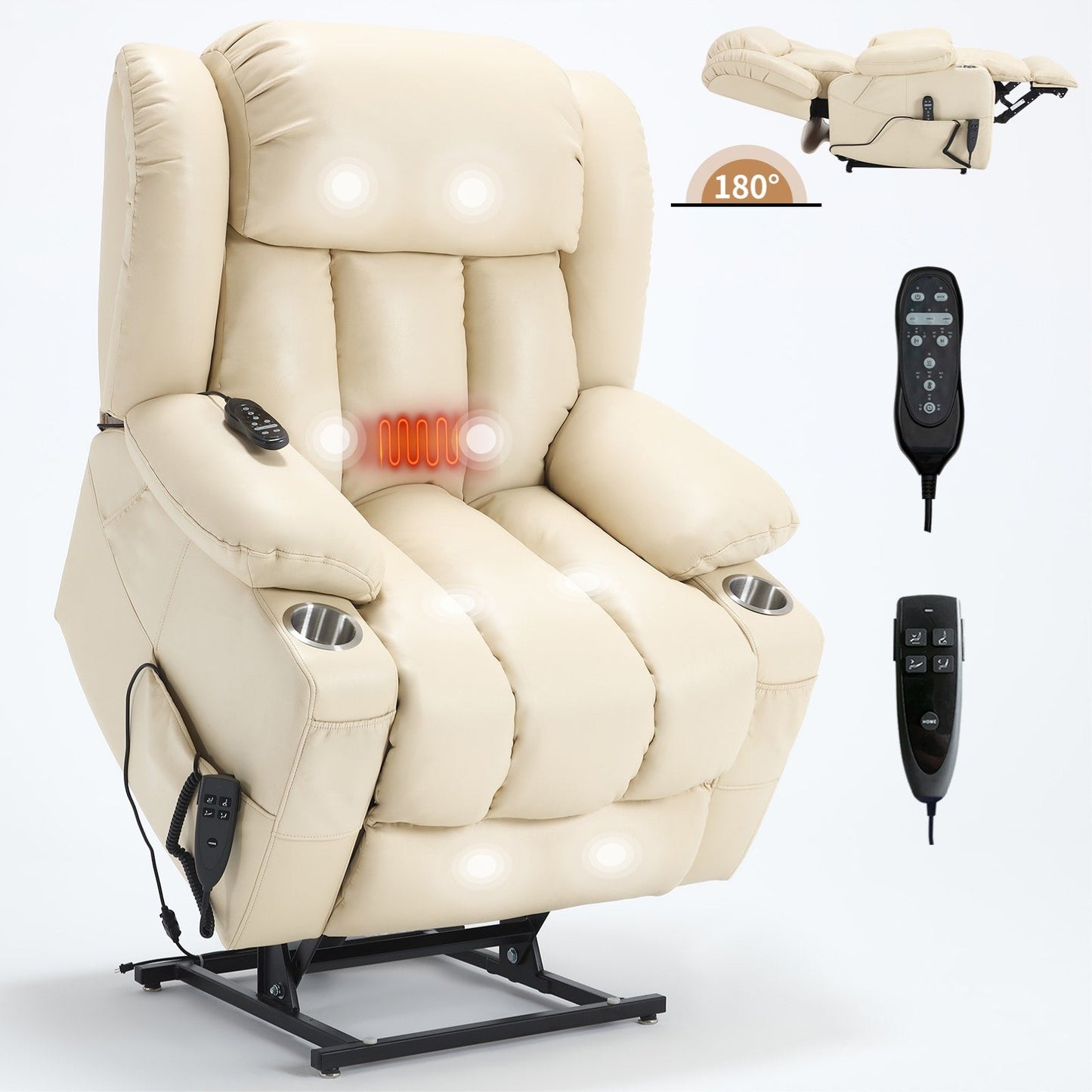 Dual Motor Power Lift Recliner Chair, with 8-Point Massage & Lumbar Heating, Stainless Steel Cup Holders
