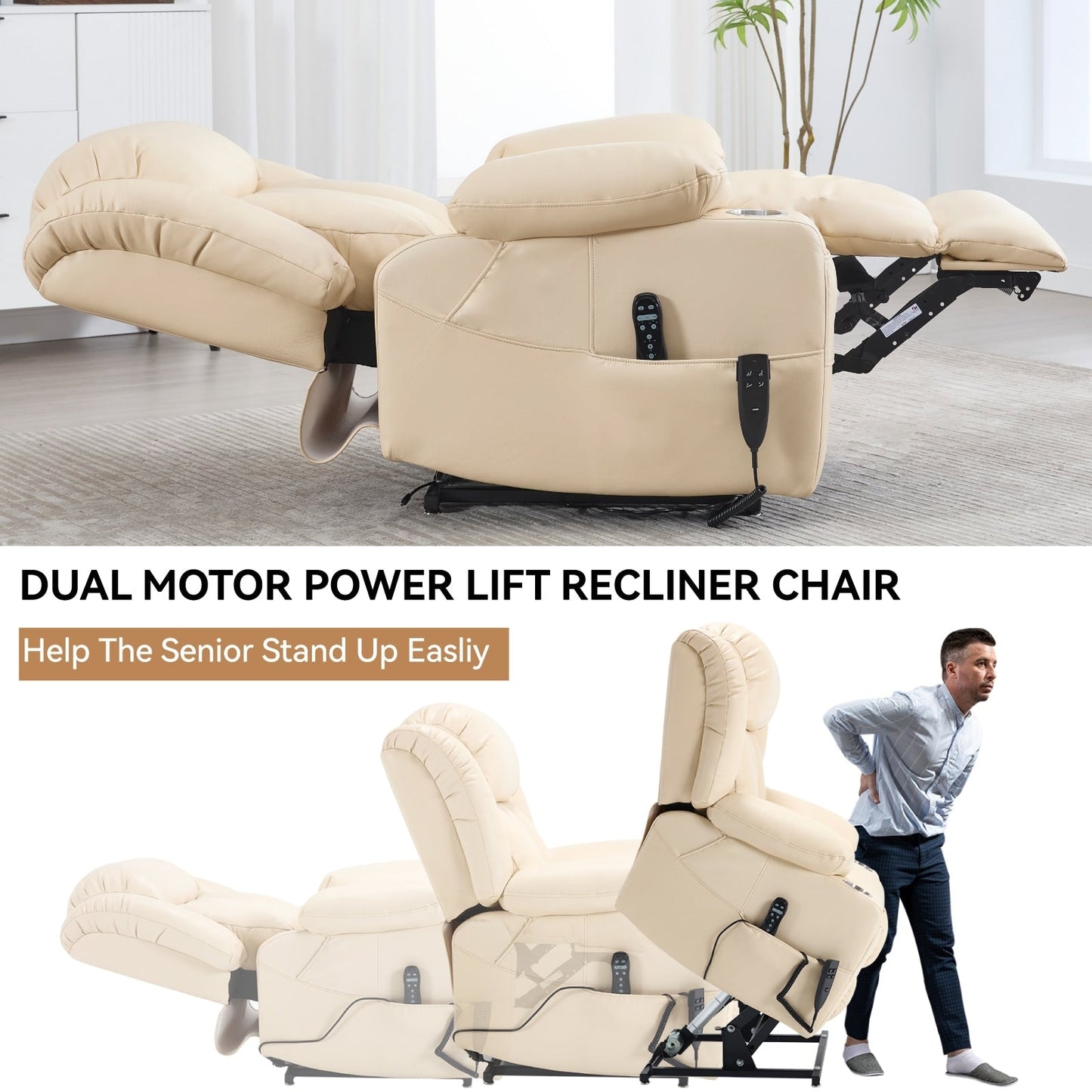 Dual Motor Power Lift Recliner Chair, with 8-Point Massage & Lumbar Heating, Stainless Steel Cup Holders