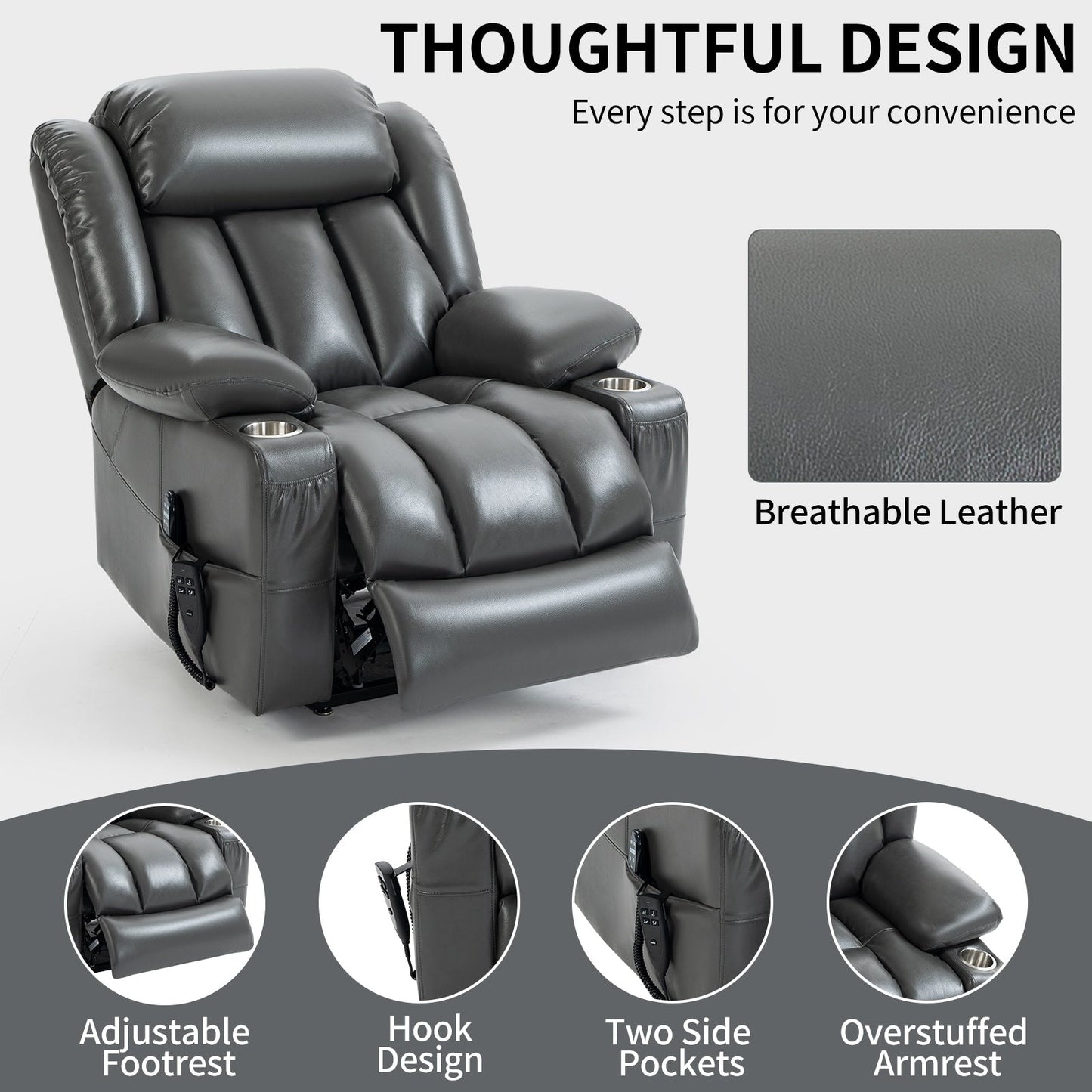 Dual Motor Power Lift Recliner Chair, with 8-Point Massage & Lumbar Heating, Stainless Steel Cup Holders
