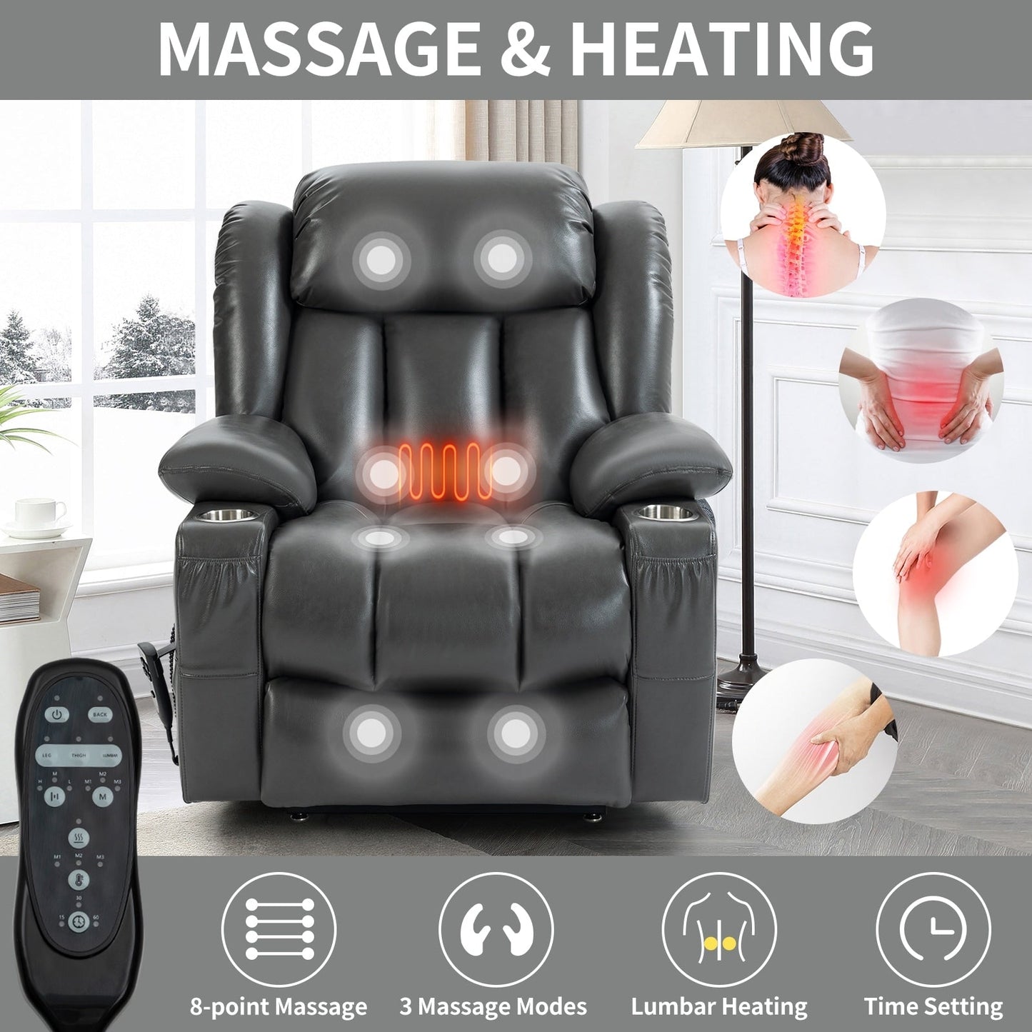 Dual Motor Power Lift Recliner Chair, with 8-Point Massage & Lumbar Heating, Stainless Steel Cup Holders
