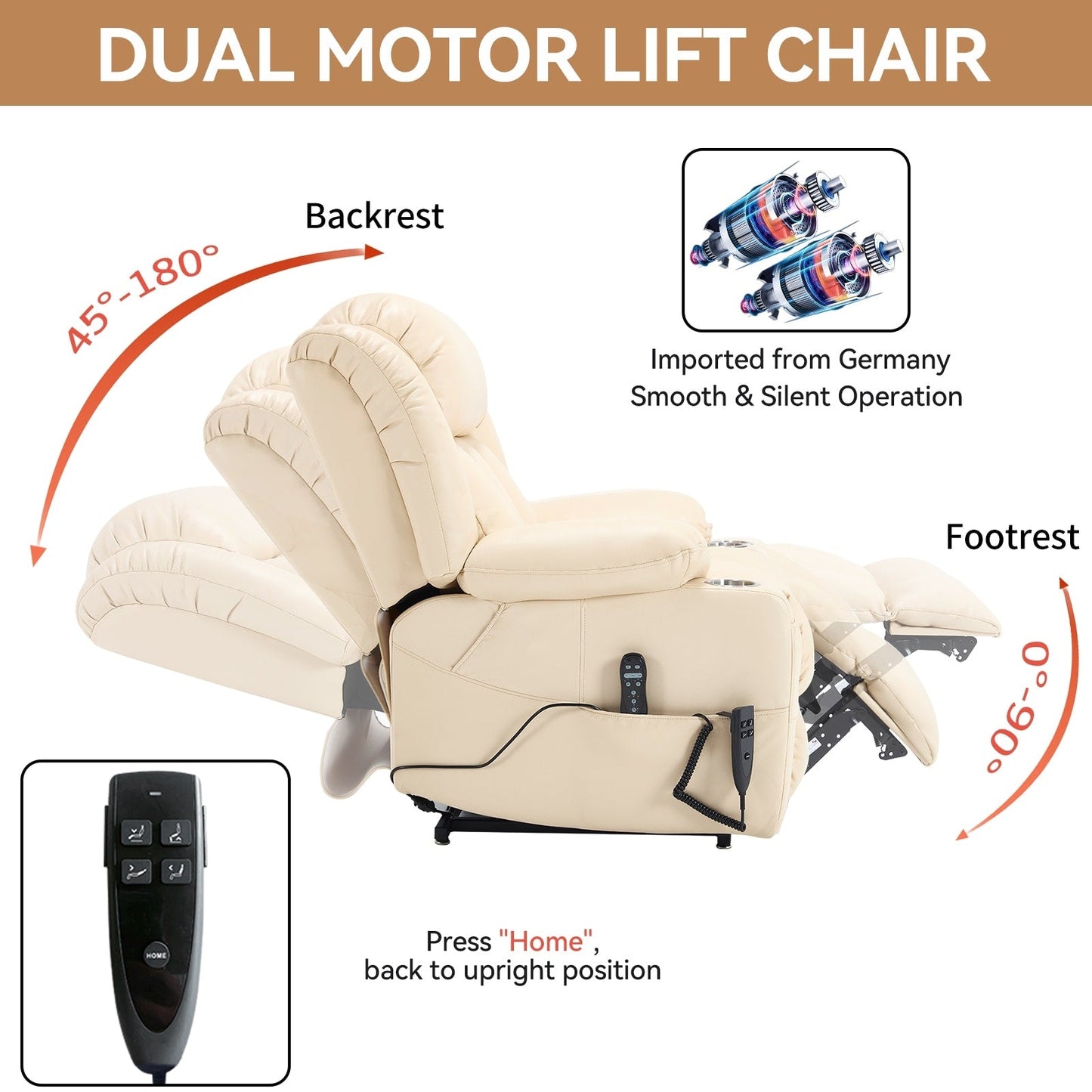 Dual Motor Power Lift Recliner Chair, with 8-Point Massage & Lumbar Heating, Stainless Steel Cup Holders