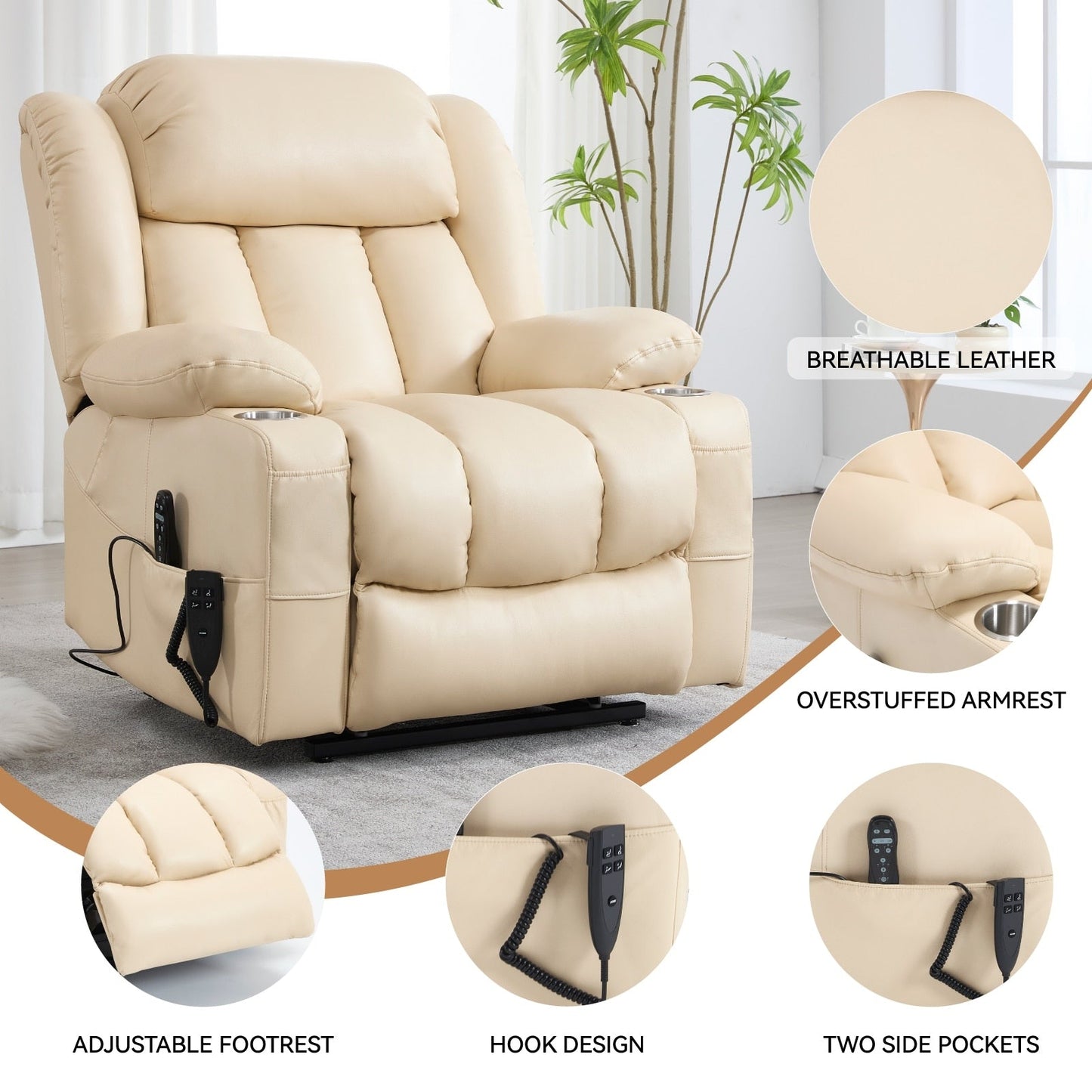 Dual Motor Power Lift Recliner Chair, with 8-Point Massage & Lumbar Heating, Stainless Steel Cup Holders