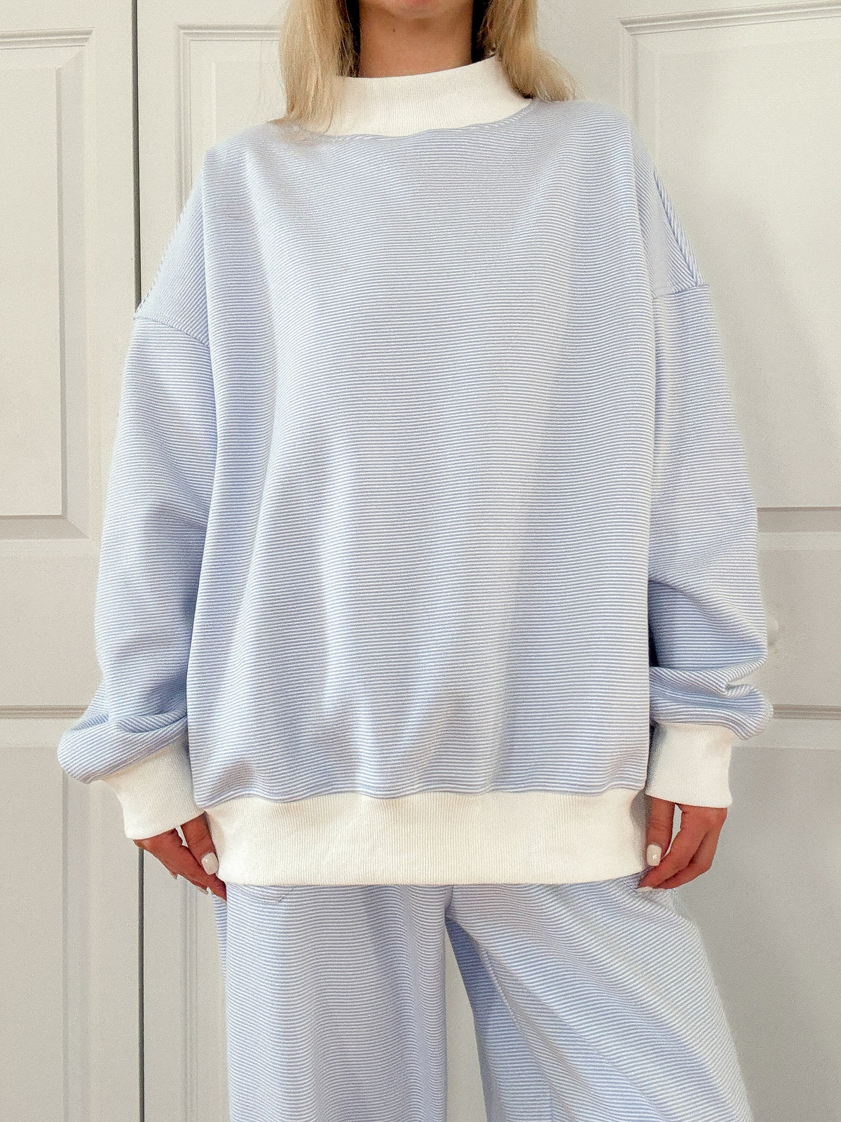 Cynthia Mini Striped Mock Neck Sweatshirt Blue and White