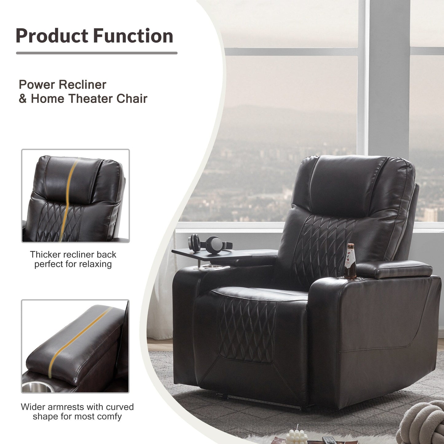Electric Power Recliner with USB, Swivel Tray & Arm Storage