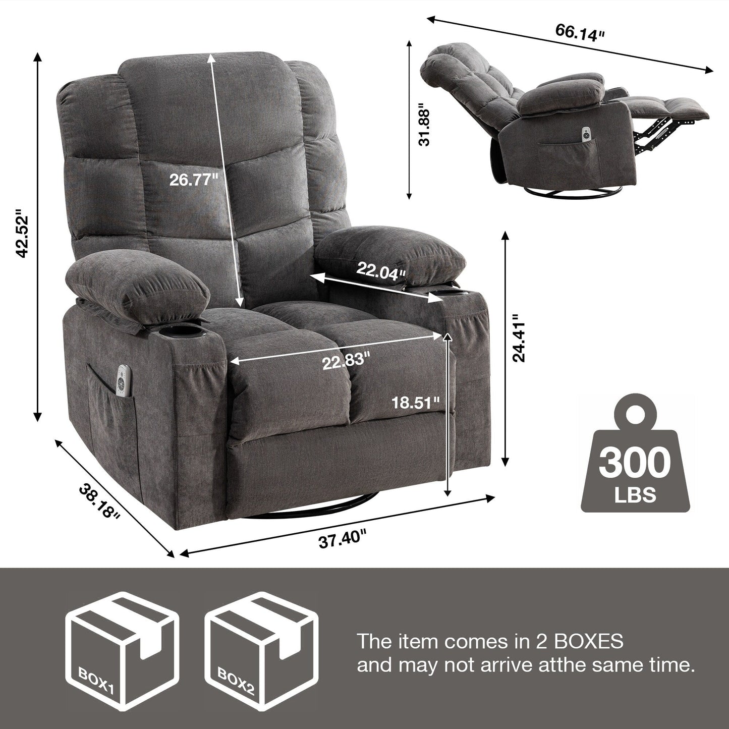 Electric Recliner Chair with 139° Adjustable Recline, 8-Point Massage & Lumbar Heat, Okin Motor, USB Charging, and Side Storage